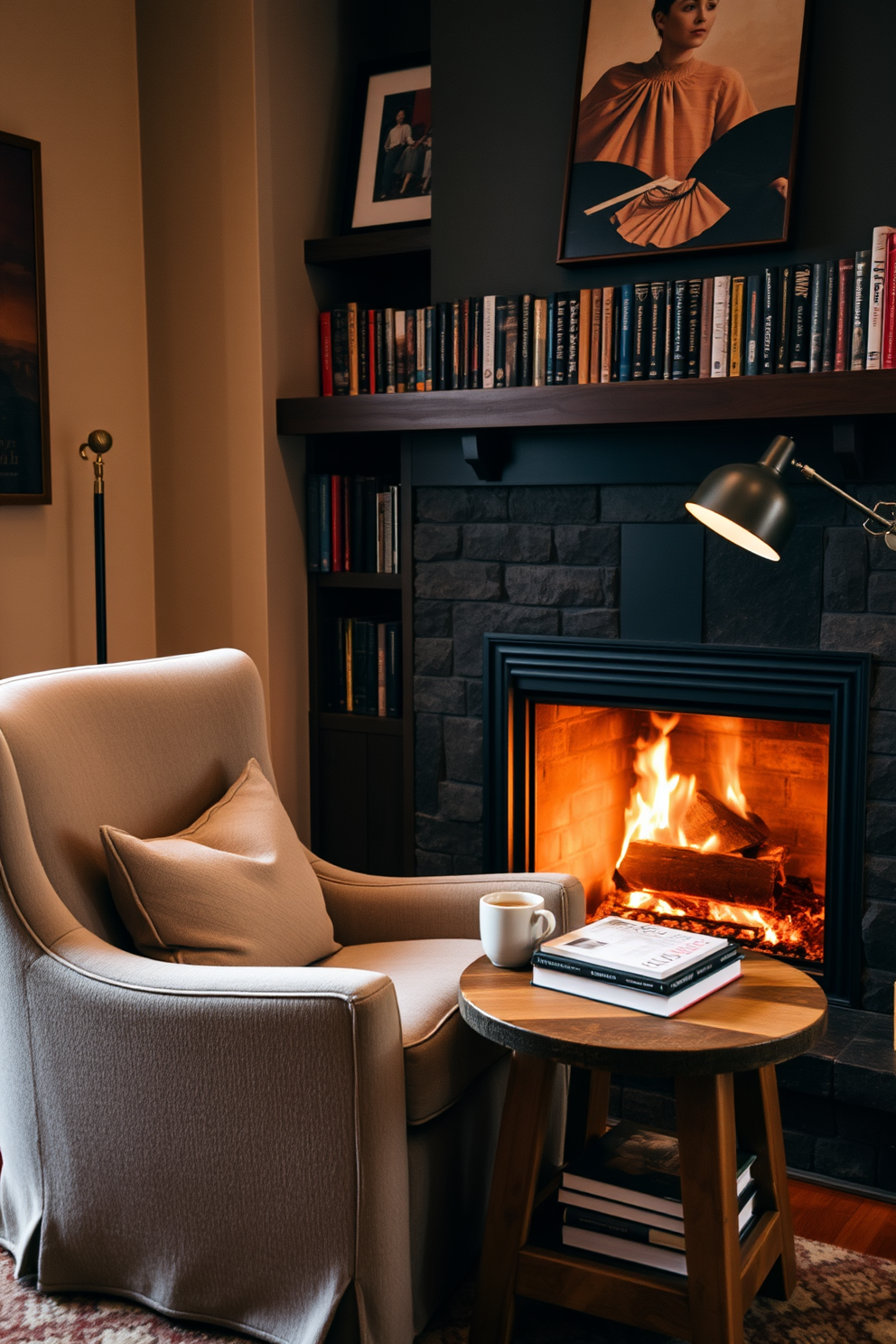 A cozy pet bed for furry friends. The bed is made of soft, plush fabric in a warm color, surrounded by decorative pillows and a fluffy blanket. Fall Reading Nook Decorating Ideas. The nook features a comfortable armchair draped with a knitted throw, alongside a small side table holding a steaming cup of tea and a stack of autumn-themed books.