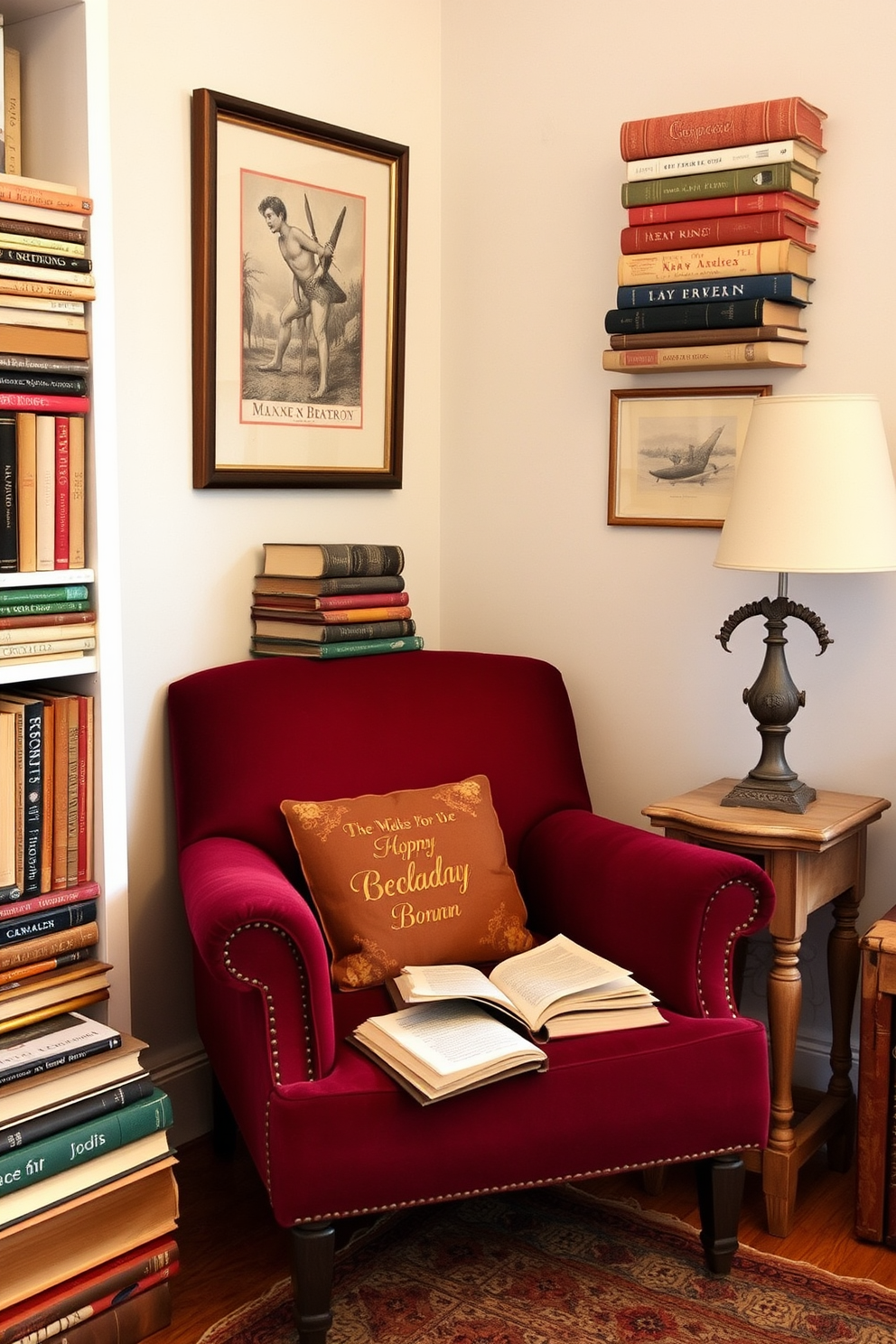 A cozy reading nook adorned with vintage books stacked artfully on a weathered wooden side table. A plush armchair upholstered in rich burgundy fabric sits in the corner, inviting you to curl up with a good book.