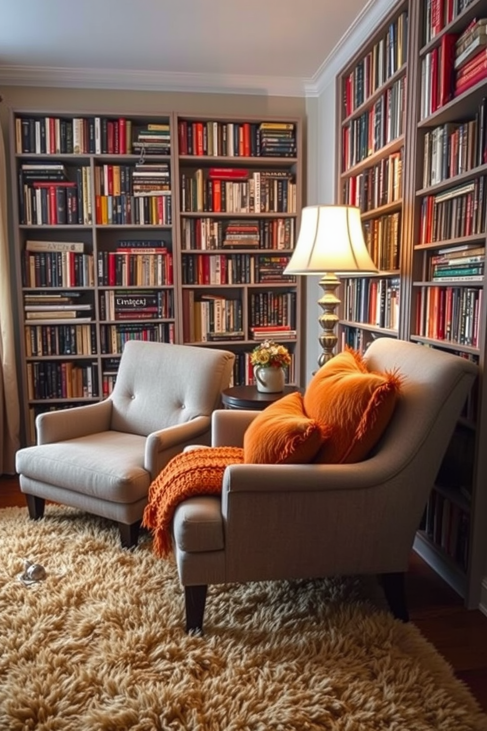 A cozy reading nook is created with a plush, soft rug that adds warmth and texture to the space. A comfortable armchair is positioned beside a tall bookshelf filled with an array of books, inviting relaxation and enjoyment. A small side table holds a steaming cup of tea and a decorative lamp that casts a warm glow. Plush throw pillows in rich autumn colors are scattered on the chair, enhancing the inviting atmosphere of the fall reading nook.