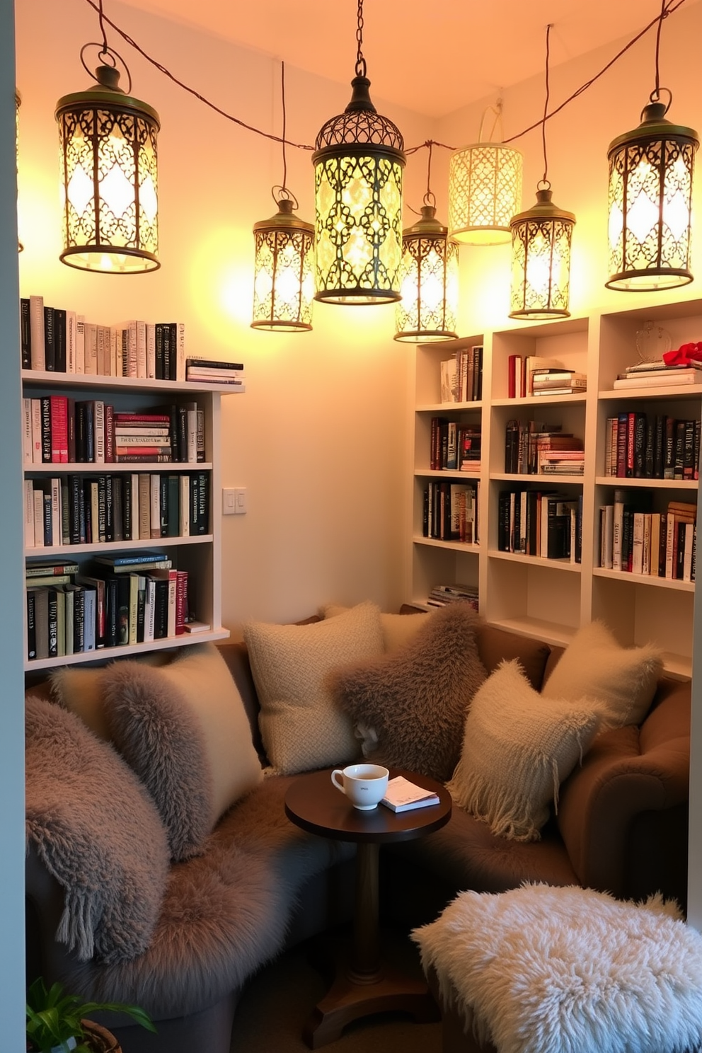 A cozy reading nook adorned with decorative lanterns that emit a warm, inviting glow. Plush seating is surrounded by shelves filled with books, while soft throw blankets and cushions create a comfortable atmosphere. The walls are painted in a soft, neutral tone to enhance the warmth of the lantern light. A small side table holds a steaming cup of tea, inviting you to relax and enjoy a good book in this serene space.