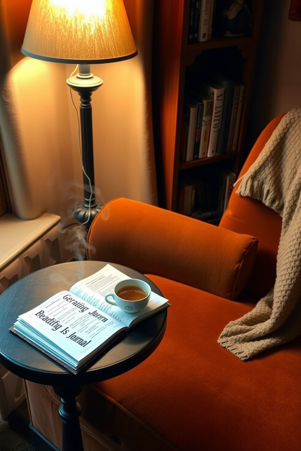 A cozy reading nook featuring a plush armchair upholstered in warm, earthy tones. The side table beside the chair holds a beautifully crafted reading journal, with a steaming cup of tea resting on top. Soft, ambient lighting from a nearby floor lamp creates an inviting atmosphere. A throw blanket drapes over the armchair, and a small bookshelf filled with autumn-themed books adds to the seasonal charm.