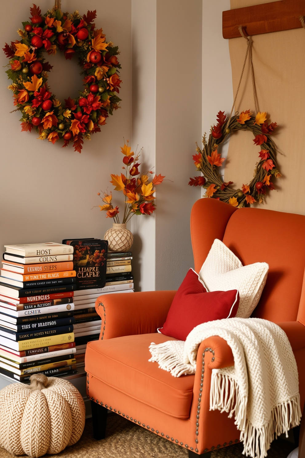 A cozy fall reading nook adorned with a seasonal wreath hanging nearby. The nook features a plush armchair in warm tones, surrounded by stacks of autumn-themed books and a soft throw blanket draped over the armrest.