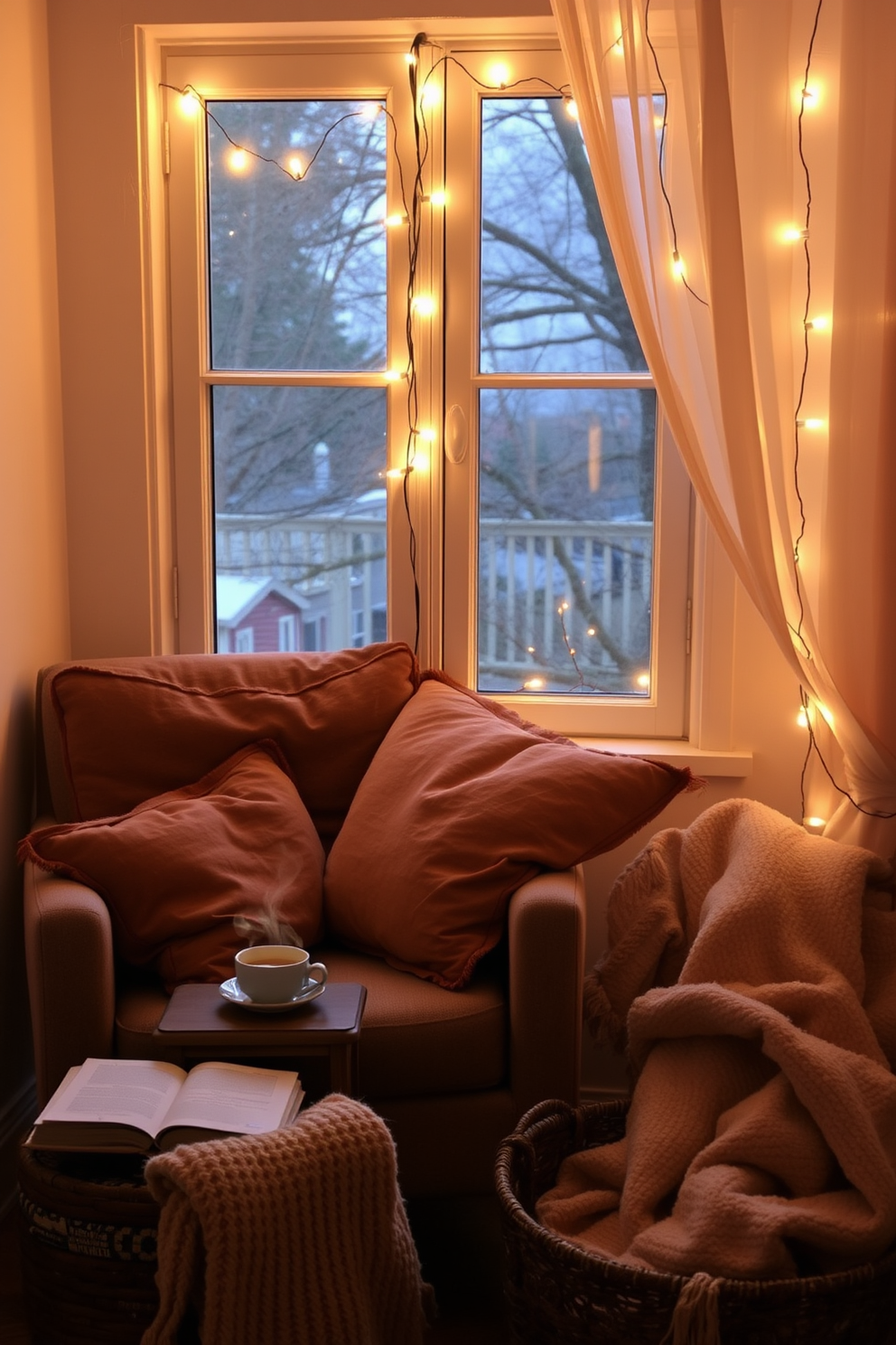 A cozy reading nook bathed in soft lighting created by fairy string lights. Plush cushions in warm autumn colors are scattered across a comfortable armchair, inviting relaxation with a good book. A small wooden side table holds a steaming cup of tea and a stack of favorite novels. The walls are adorned with seasonal artwork featuring autumn leaves, enhancing the inviting atmosphere of the space.