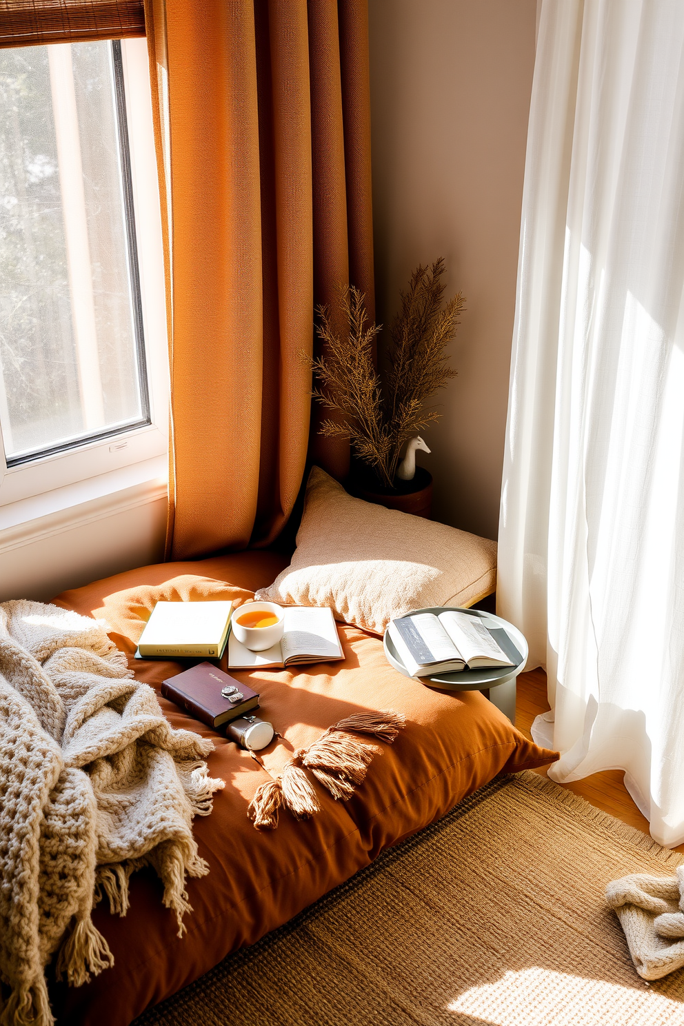 A cozy floor cushion is placed in a sunlit corner, surrounded by soft throw blankets and a stack of books. A small side table holds a steaming cup of tea, inviting relaxation and comfort for an afternoon of reading. The nook is adorned with warm, earthy tones and plush textures to create an inviting atmosphere. A nearby window drapes with sheer curtains, allowing natural light to filter in and enhance the serene ambiance.