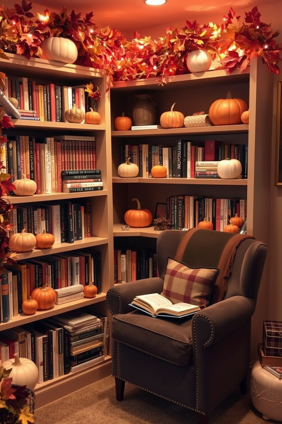 A cozy fall reading nook adorned with pumpkin decor. Plush cushions in warm tones are scattered on a comfortable armchair next to a small wooden side table. A collection of decorative pumpkins in various sizes and colors is arranged on the table. Soft, ambient lighting from a nearby lamp creates a warm and inviting atmosphere for enjoying a good book.