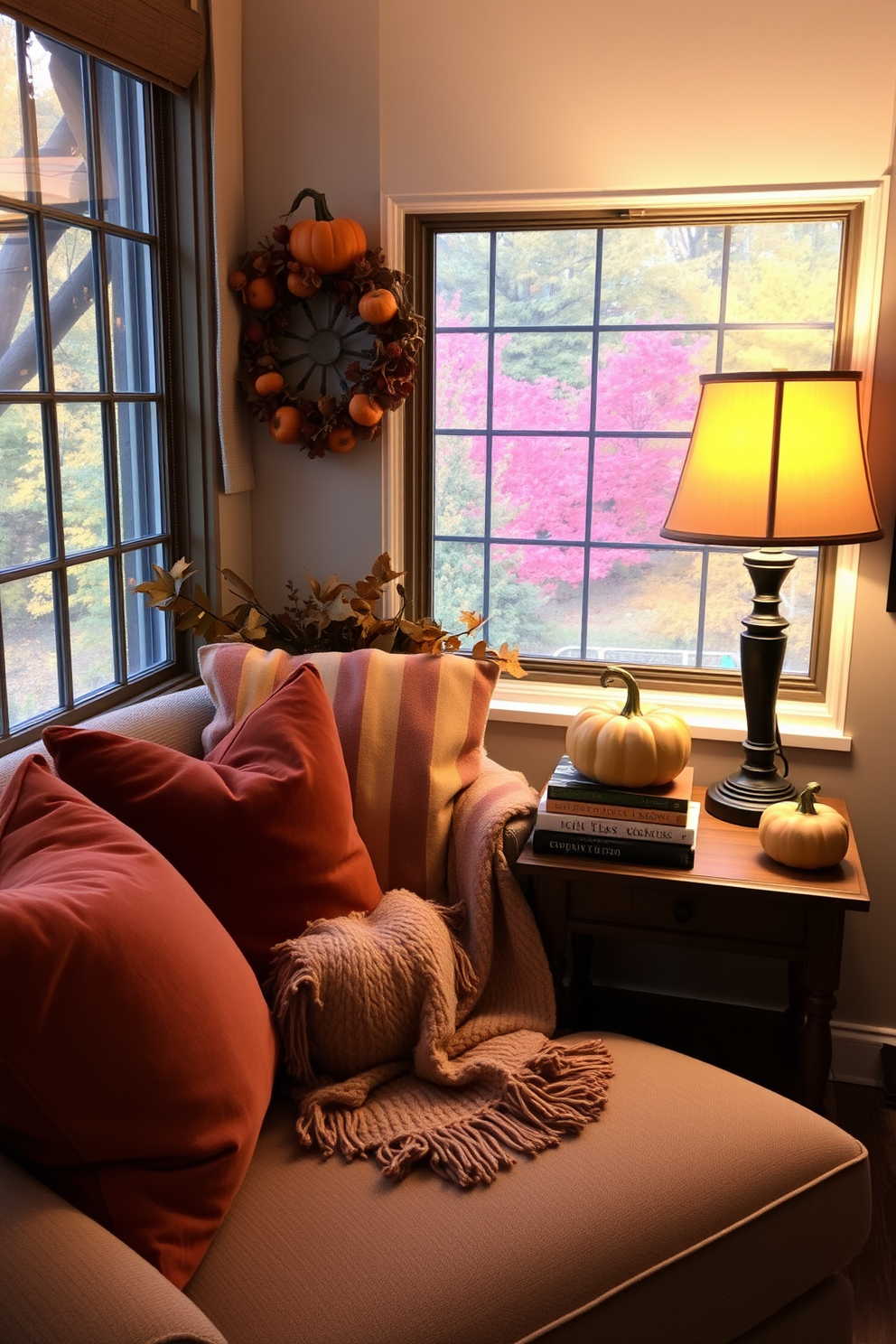 A cozy reading nook adorned with pumpkin accents to evoke autumn charm. Plush cushions in warm tones surround a soft throw blanket draped over a comfortable armchair next to a small wooden side table. On the table, a stack of seasonal books is topped with a decorative pumpkin. The nook is illuminated by a warm table lamp, and a window nearby offers a view of colorful fall foliage outside.