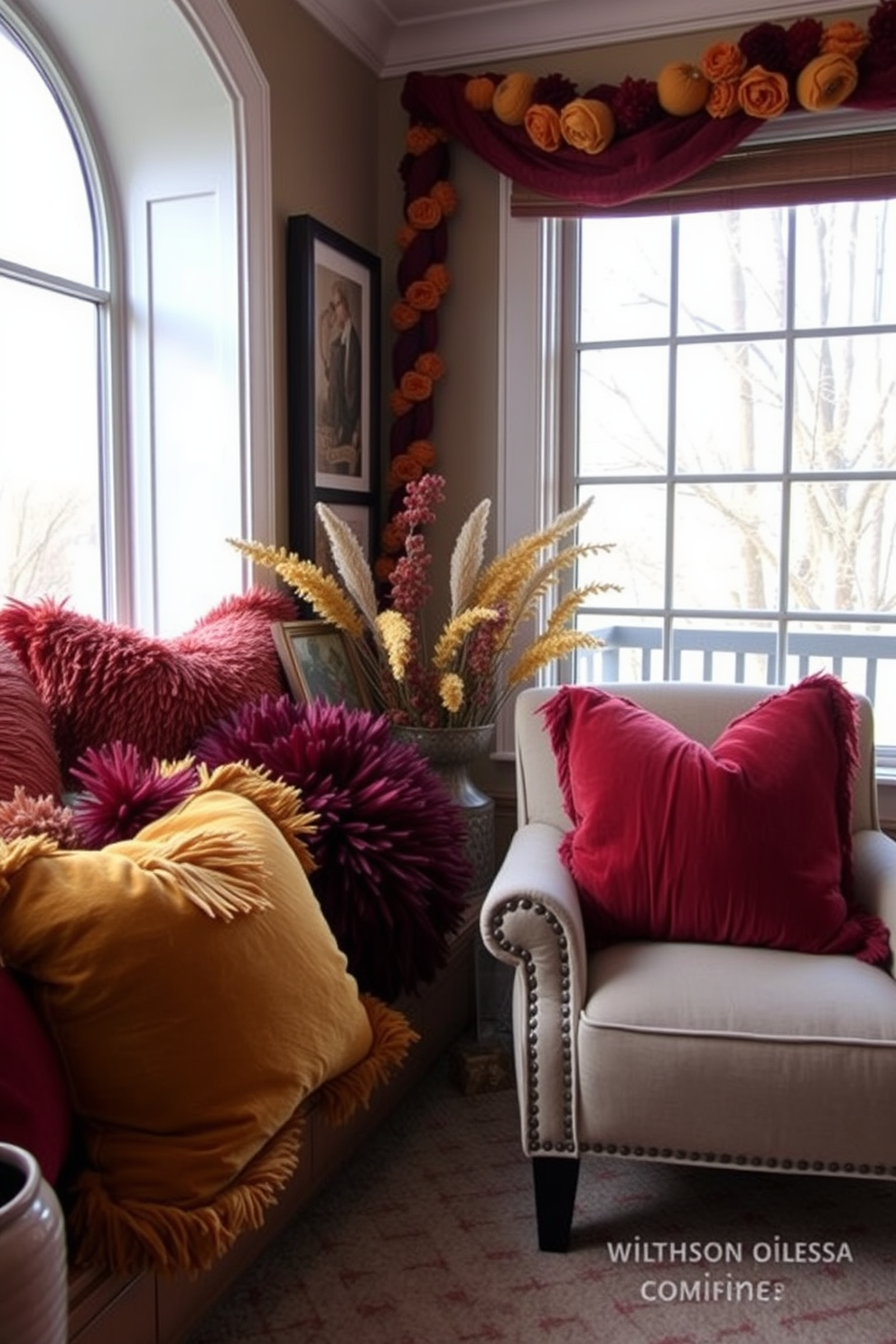 A cozy reading nook adorned with plush cushions in rich fall colors such as deep burgundy, burnt orange, and mustard yellow. The nook features a comfortable armchair positioned next to a large window, inviting natural light to fill the space.