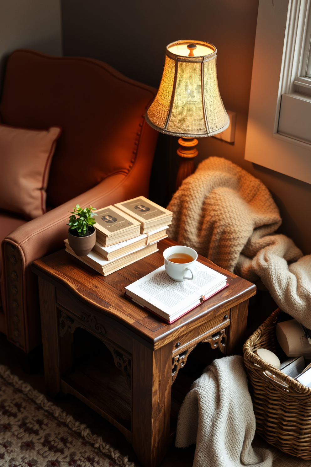 A vintage side table made of reclaimed wood with intricate carvings sits beside a cozy armchair upholstered in soft, earthy tones. A stack of classic novels rests on the table, accompanied by a warm cup of tea and a small potted plant for a touch of greenery. The reading nook is illuminated by a soft, ambient lamp with a warm glow, creating an inviting atmosphere for relaxation. Plush throw blankets and a woven basket filled with additional reading materials complete the rustic charm of this serene space.