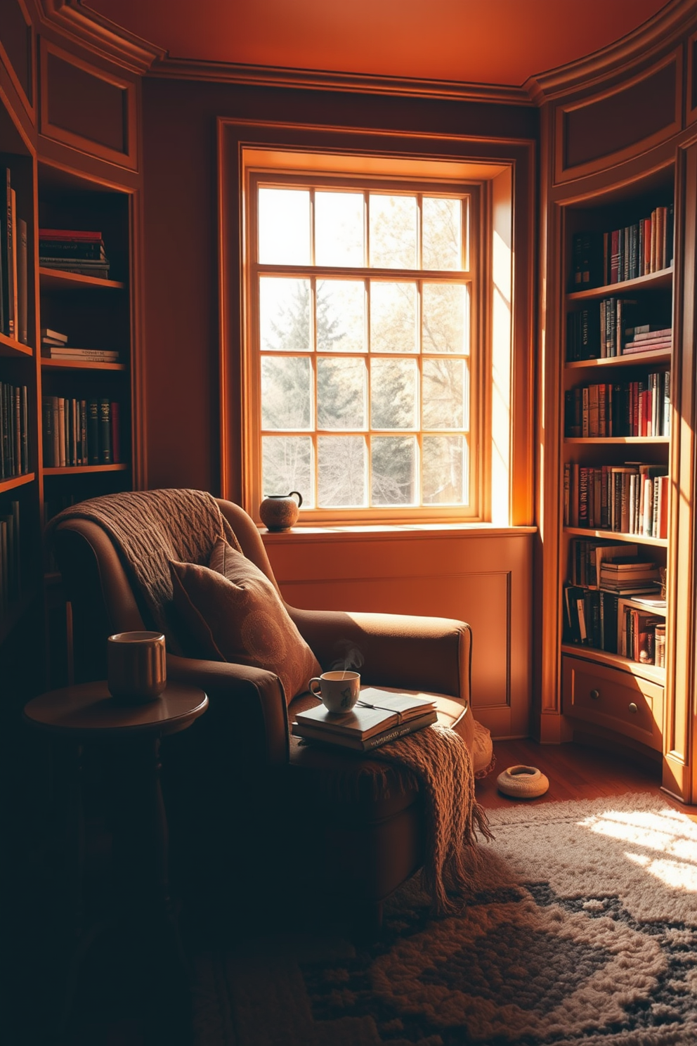 A cozy reading nook featuring a plush armchair adorned with plaid patterned cushions. A soft throw blanket in a complementary plaid design is draped over the armrest, inviting relaxation and comfort. Natural light streams in through a nearby window, illuminating a small side table stacked with favorite books and a steaming cup of tea. A warm area rug anchors the space, adding texture and warmth to the inviting atmosphere.