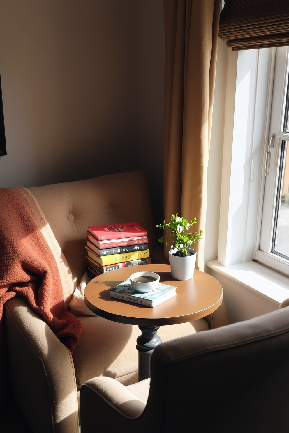 A cozy reading nook featuring a small round table perfect for coffee or tea. The table is surrounded by a plush armchair upholstered in soft fabric, with a warm throw draped over the side. Natural light streams in through a nearby window, illuminating a collection of colorful books stacked on the table. A small potted plant adds a touch of greenery, enhancing the inviting atmosphere of the space.