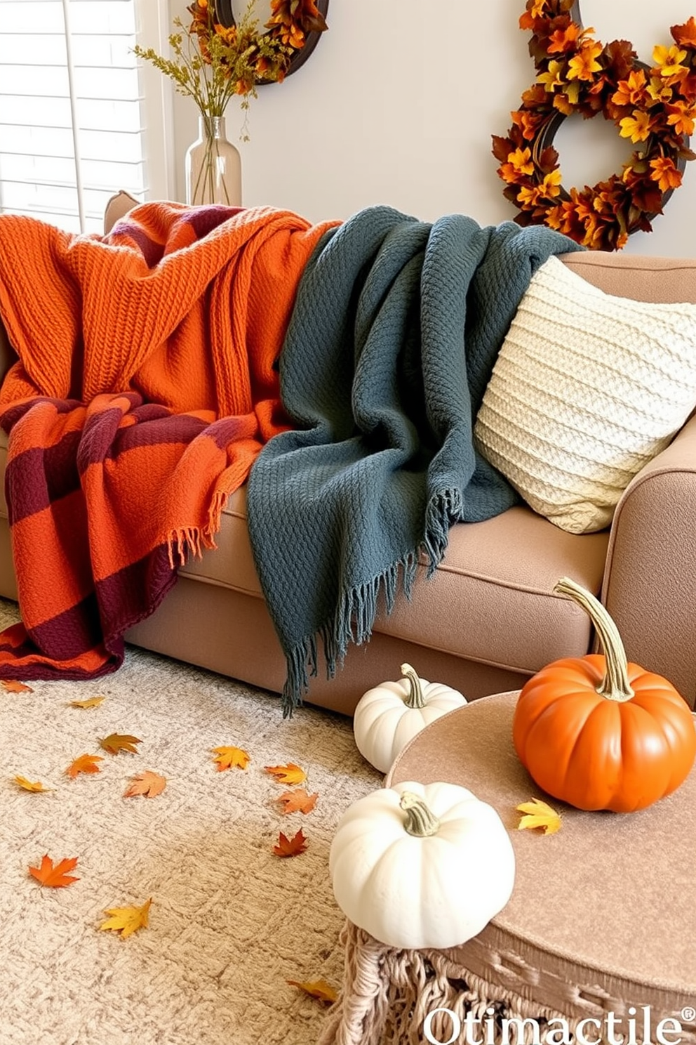 A cozy living room setting adorned with warm throw blankets draped over a plush sofa. The space features autumn-inspired decor with pumpkins and leaves accentuating the seasonal theme.