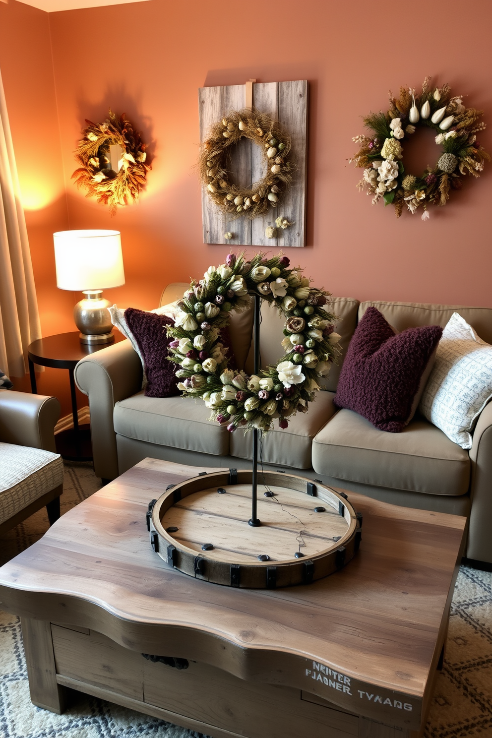 A cozy small living room adorned with wreaths made of dried flowers. The walls are painted in warm earth tones, and a plush sofa is accented with textured throw pillows. On a rustic coffee table, a centerpiece features a large wreath made of various dried blooms. Soft lighting from a stylish floor lamp creates a welcoming atmosphere, enhancing the inviting decor.