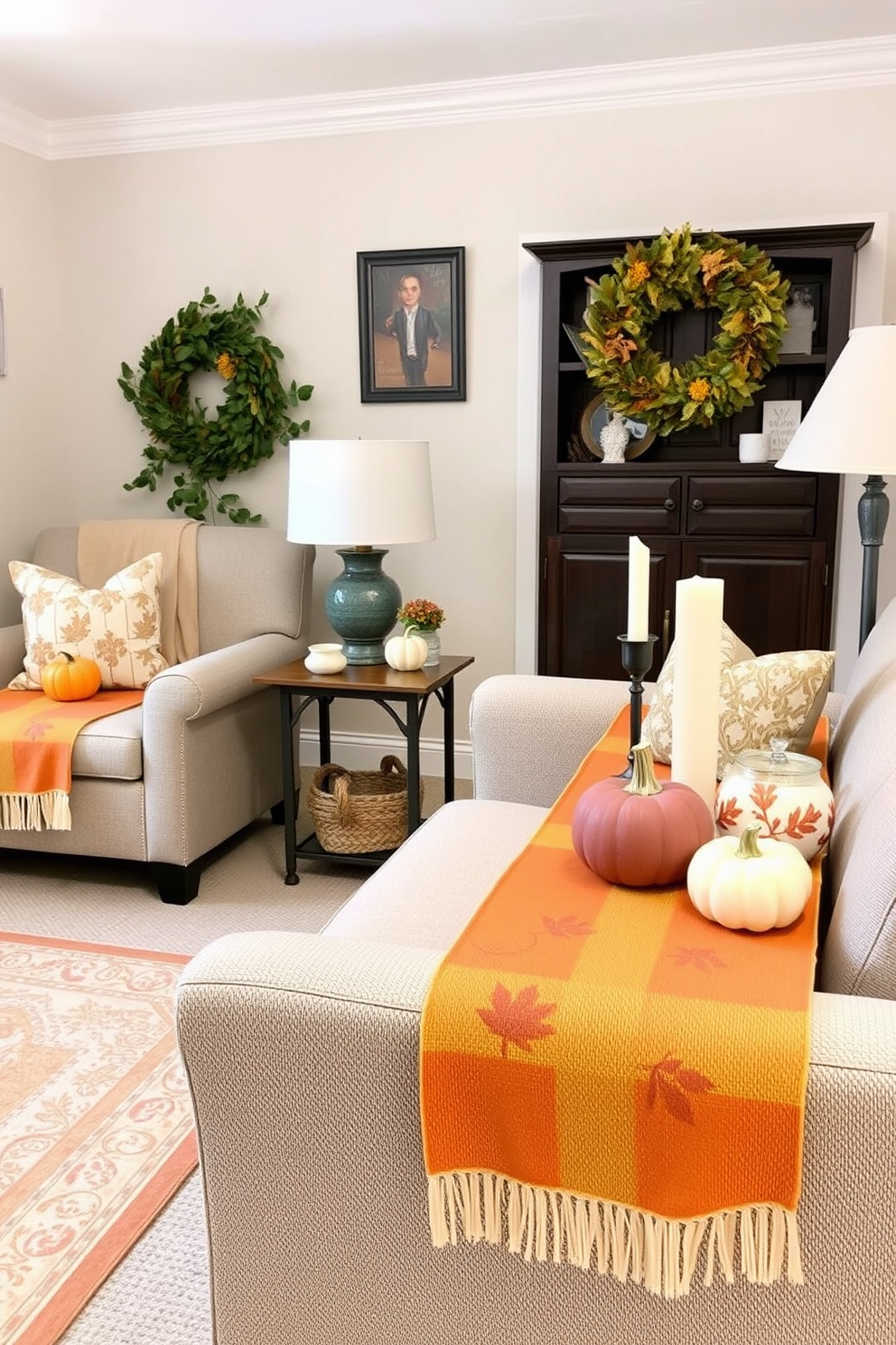 A seasonal wreath made of autumn leaves and berries adorns the front door inviting guests into a cozy atmosphere. The small living room features a plush, neutral-colored sofa accented with warm-toned throw pillows and a soft, textured blanket draped over the armrest. A rustic coffee table made of reclaimed wood sits at the center, topped with a few decorative pumpkins and a fragrant candle. The walls are painted in a warm beige, complemented by a gallery of framed autumn-themed artwork.