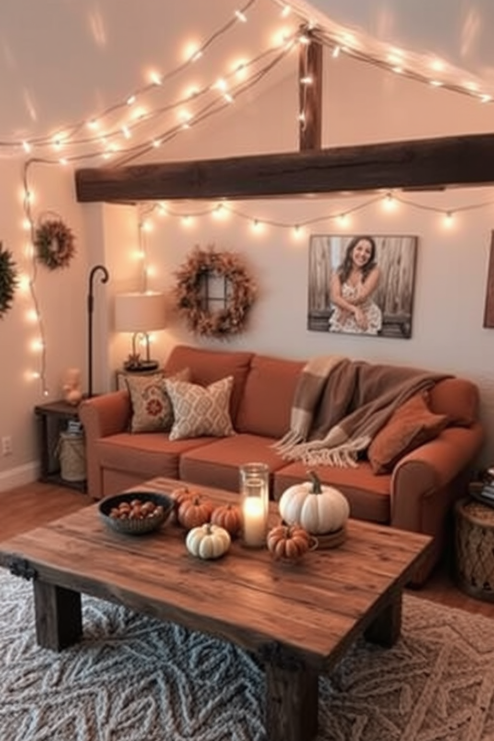 A cozy small living room adorned with string lights that cast a warm and inviting glow. The space features a plush sofa in earthy tones, complemented by a rustic coffee table made of reclaimed wood. Autumn-themed decor accents the room, with decorative pumpkins and cozy throw blankets draped over the sofa. A soft area rug ties the space together, creating a perfect spot for relaxation and gatherings.