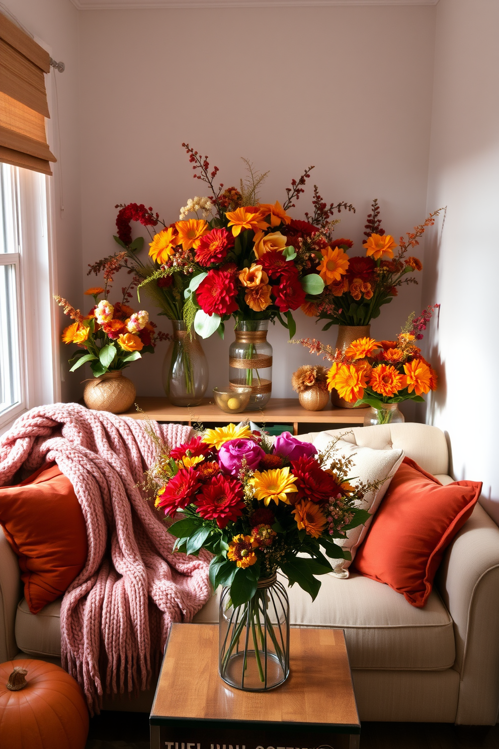 A cozy small living room adorned with floral arrangements featuring vibrant fall blooms. The room is filled with warm tones, showcasing a plush sofa draped with a knitted throw and accented by cushions in rich autumn colors.