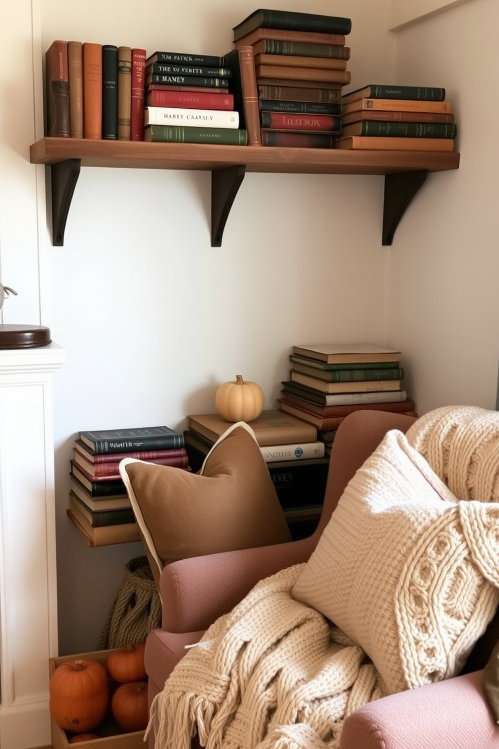 A cozy small living room adorned with vintage books stacked on a rustic wooden shelf. The decor features warm autumn colors with plush throw pillows and a soft knit blanket draped over a comfortable armchair.