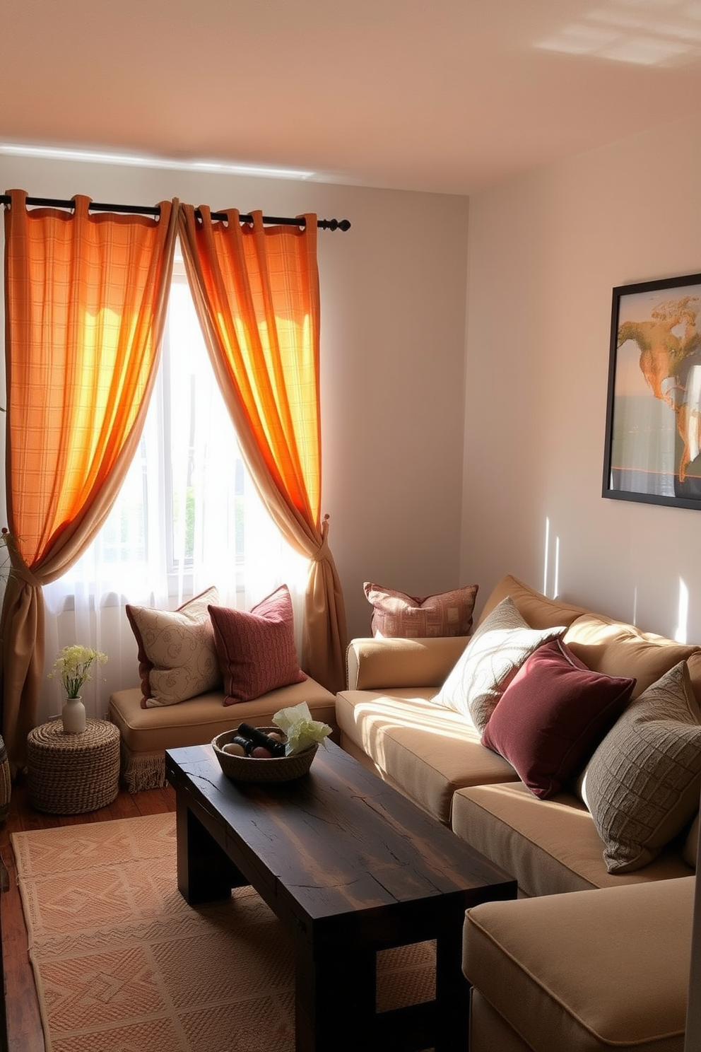 A cozy small living room adorned with textured curtains in warm hues that gently filter the sunlight. The space features a plush sofa, a rustic coffee table, and an array of decorative cushions that create an inviting atmosphere.