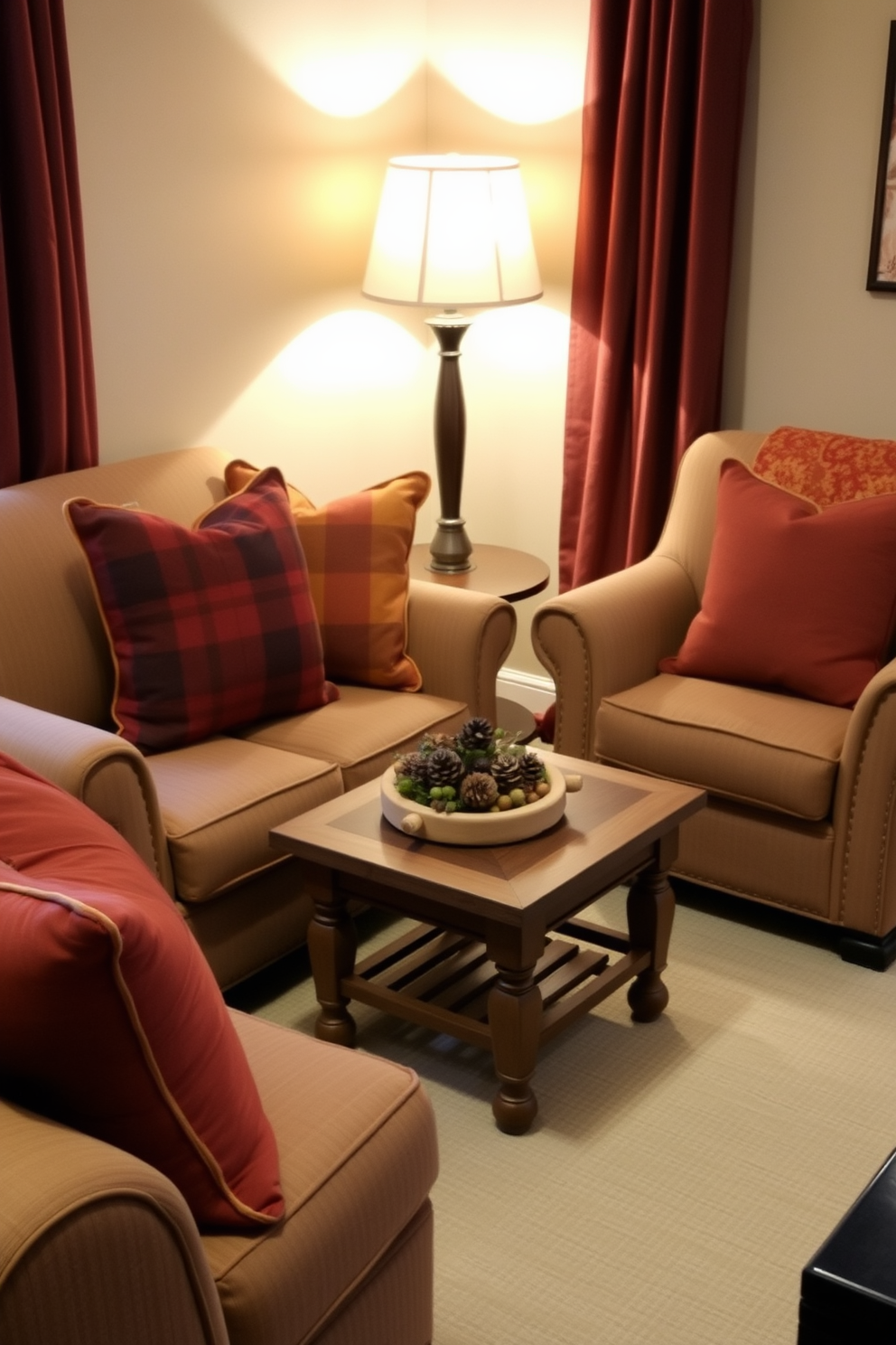 A cozy small living room adorned with fall-themed cushions on the chairs. The cushions feature warm autumn colors like deep orange, burgundy, and mustard yellow, creating a welcoming atmosphere. In the corner, a small wooden coffee table holds a rustic centerpiece with pinecones and seasonal foliage. Soft, ambient lighting enhances the inviting feel of the space, perfect for enjoying a warm beverage.