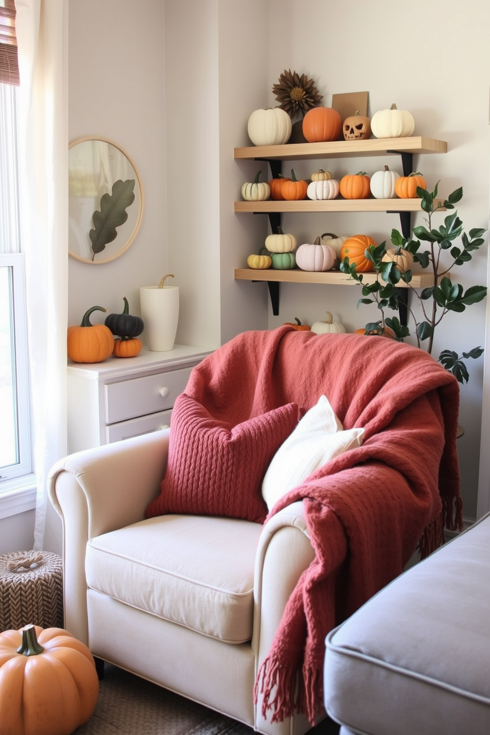 A cozy small living room decorated for fall features shelves adorned with an array of miniature pumpkins in various sizes and colors. Soft throw blankets in warm tones drape over a plush armchair, creating an inviting atmosphere perfect for the season.