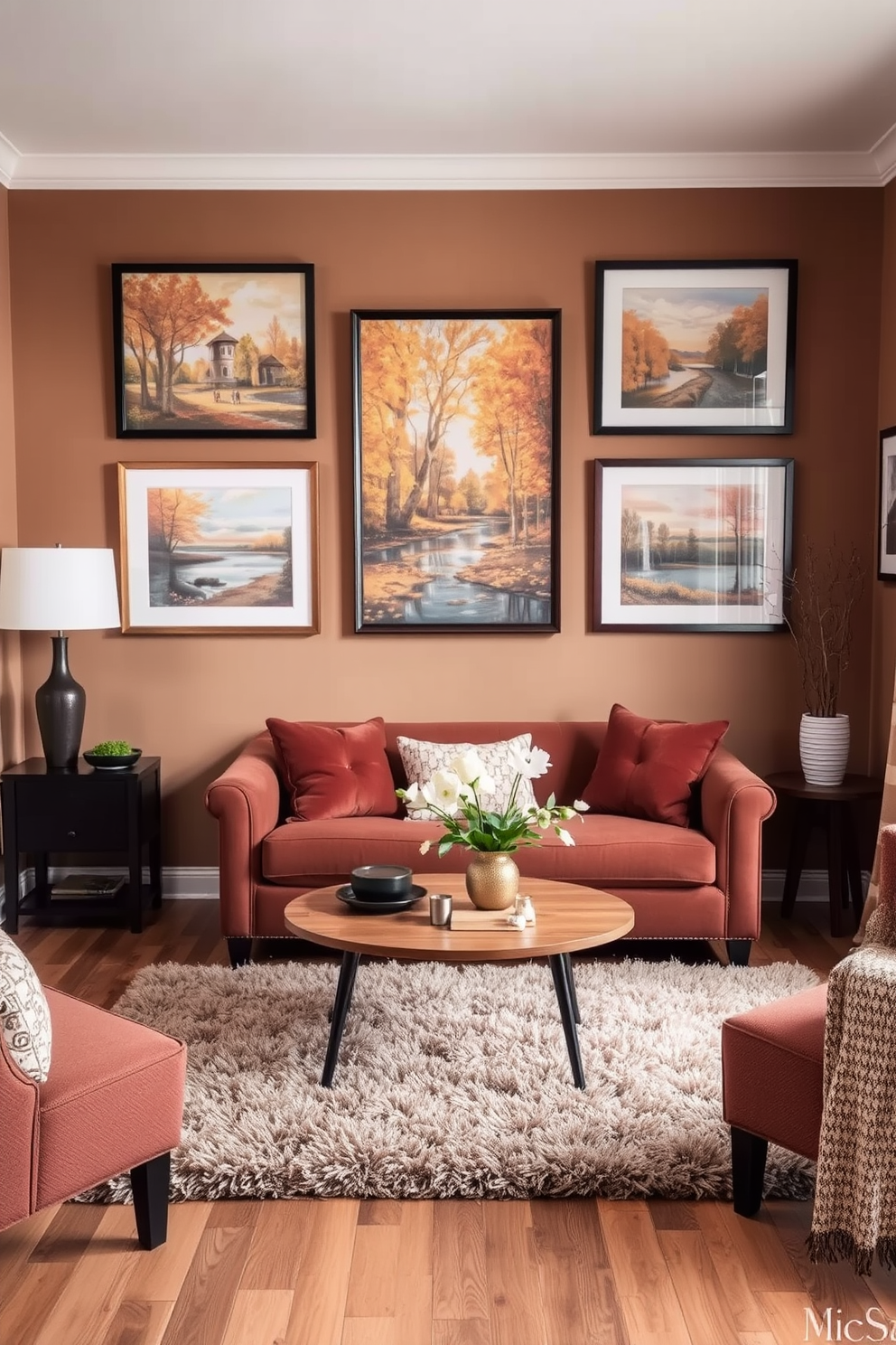 A cozy small living room adorned with artwork featuring autumn landscapes. The walls are painted in warm earth tones, and a plush area rug lies beneath a coffee table surrounded by comfortable seating.