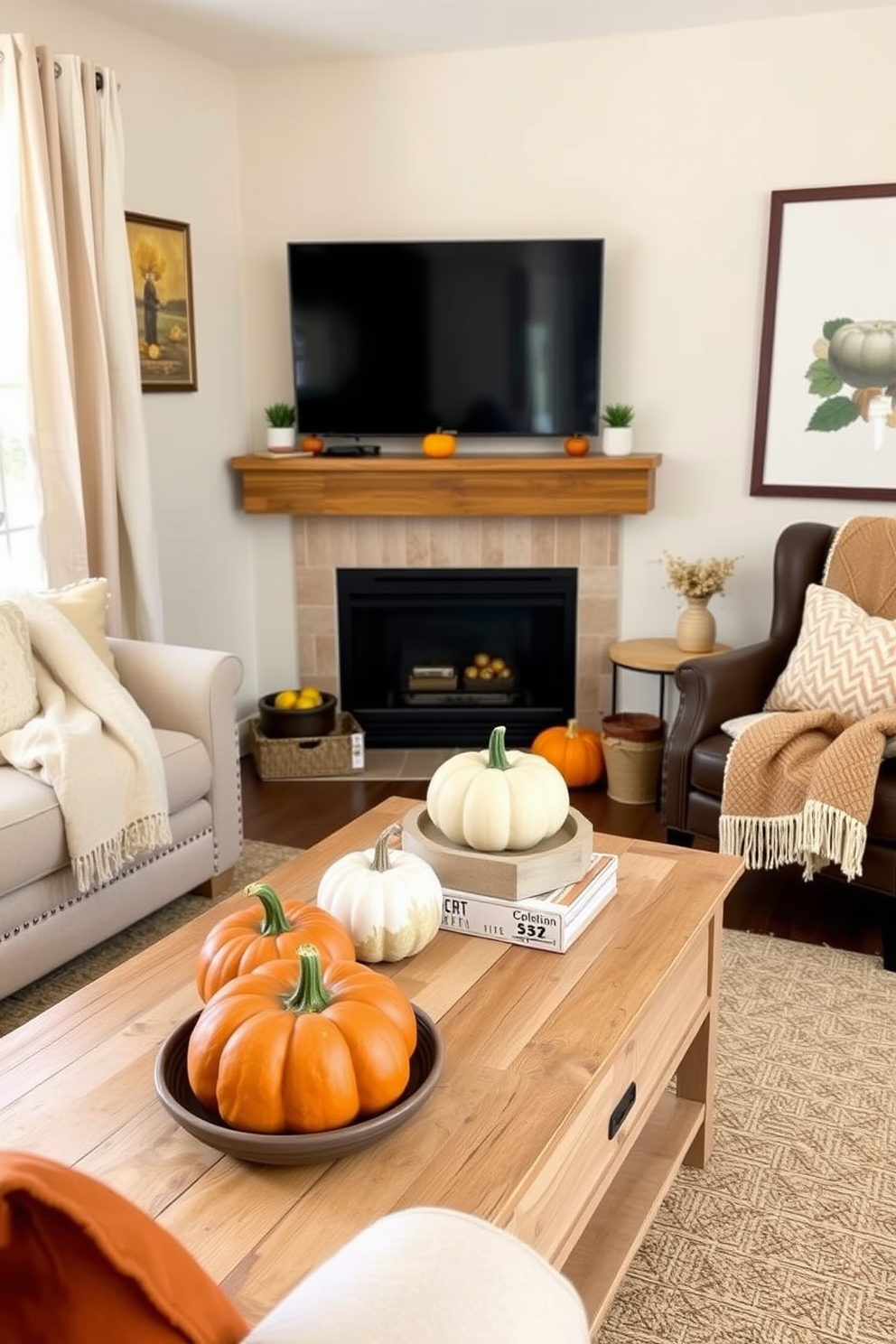 A cozy small living room adorned with pumpkin accents on the coffee table. The warm autumn colors create a welcoming atmosphere, complemented by soft throw blankets and seasonal decor.