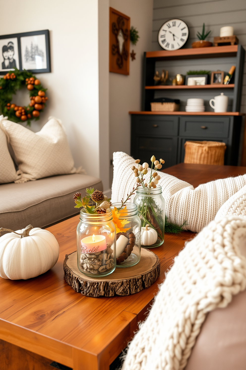 A cozy small living room adorned with mason jars filled with seasonal decor. The jars are placed on a rustic wooden coffee table, surrounded by soft, textured throw pillows and a warm knitted blanket.