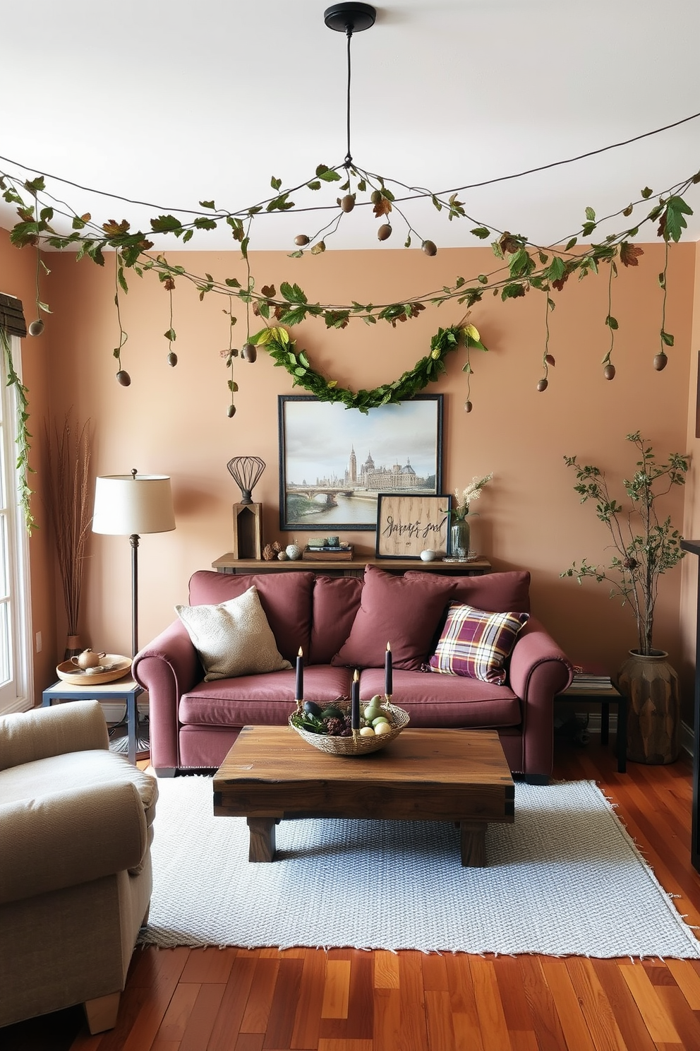 A cozy small living room adorned with hanging garlands of leaves and acorns. The walls are painted in warm earthy tones, and a plush sofa is positioned in front of a rustic wooden coffee table.