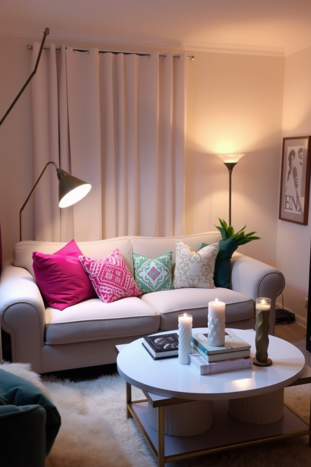 A cozy small living room featuring a neutral base with soft beige walls and a light gray sofa. Bright accents such as mustard yellow cushions and a teal throw blanket add warmth and vibrancy to the space. A stylish coffee table sits in front of the sofa, adorned with a stack of colorful books and a small potted plant. A plush area rug in shades of cream and rust anchors the seating area, while a framed artwork with autumn hues adorns the wall.