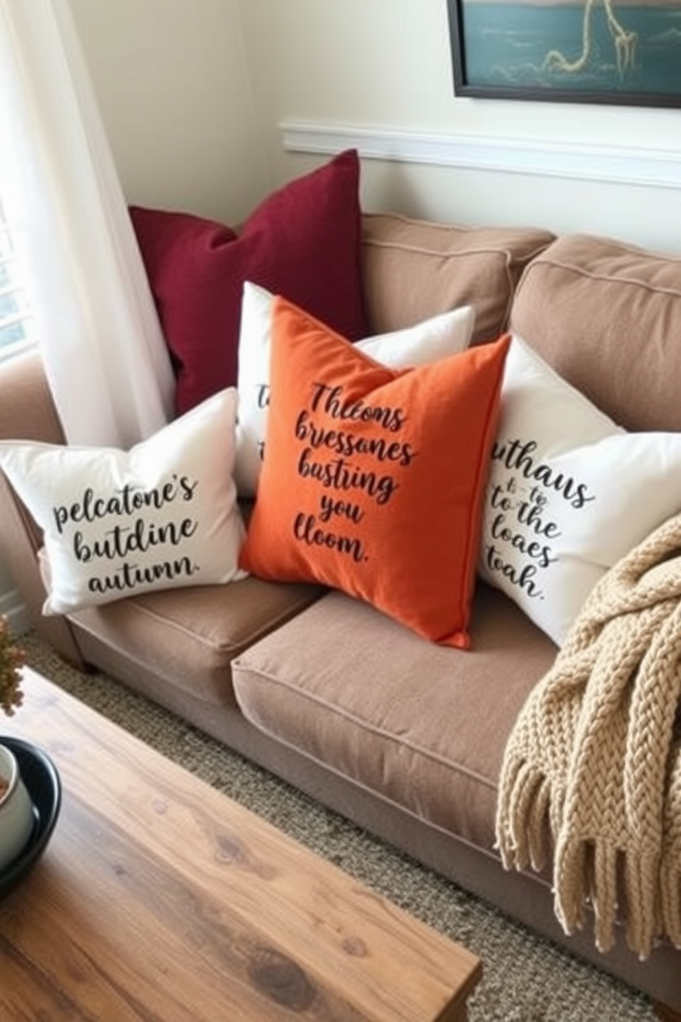 Seasonal throw pillows with inspirational quotes are arranged on a cozy sofa in a small living room. The pillows feature warm autumn colors like burnt orange and deep burgundy, complementing the rustic wooden coffee table and soft, knitted throw draped over the armrest.