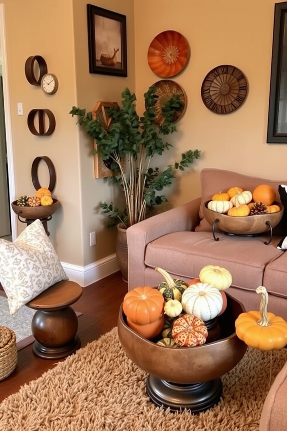 A cozy small living room adorned with warm autumn tones. A rustic wooden coffee table showcases a vibrant seasonal centerpiece filled with pumpkins, gourds, and colorful leaves. Plush throw pillows in deep oranges and browns are scattered across a soft beige sofa. A knitted blanket drapes over the armrest, inviting relaxation as golden sunlight filters through sheer curtains.