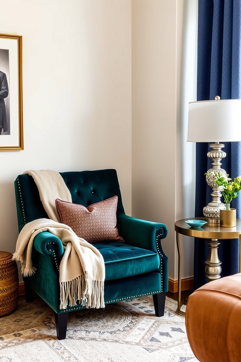 A cozy small living room adorned with autumn-themed garlands draped elegantly across the mantel. The warm colors of the garlands complement the soft beige couch and the rustic wooden coffee table in the center of the room.