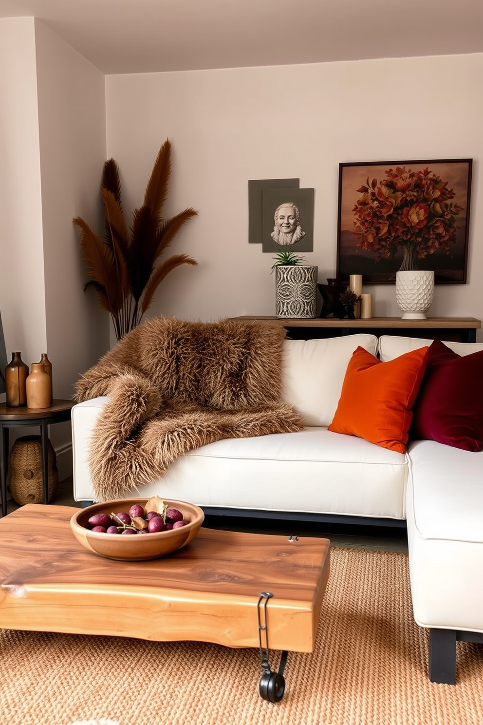 A cozy small living room adorned with layered textures featuring a plush faux fur throw draped over a modern sectional sofa. The warm autumn palette includes burnt orange and deep burgundy accents, complemented by a rustic wooden coffee table and soft, ambient lighting.