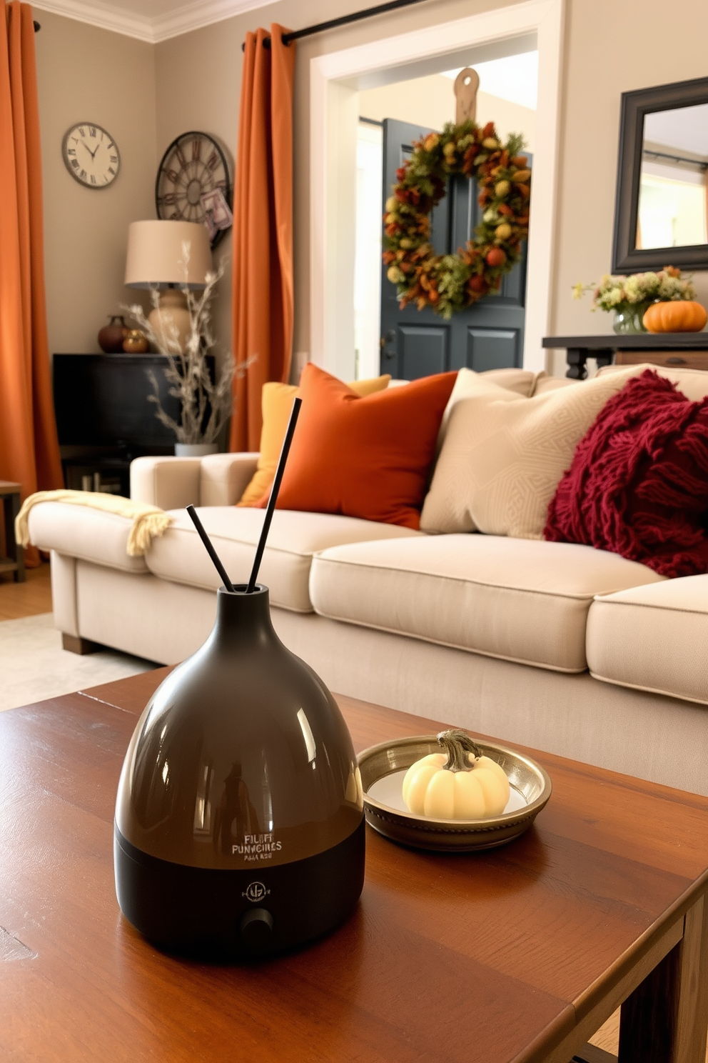 Create a cozy atmosphere with warm lighting from stylish lamps. The small living room features a plush sofa adorned with soft throw pillows and a textured area rug underfoot.