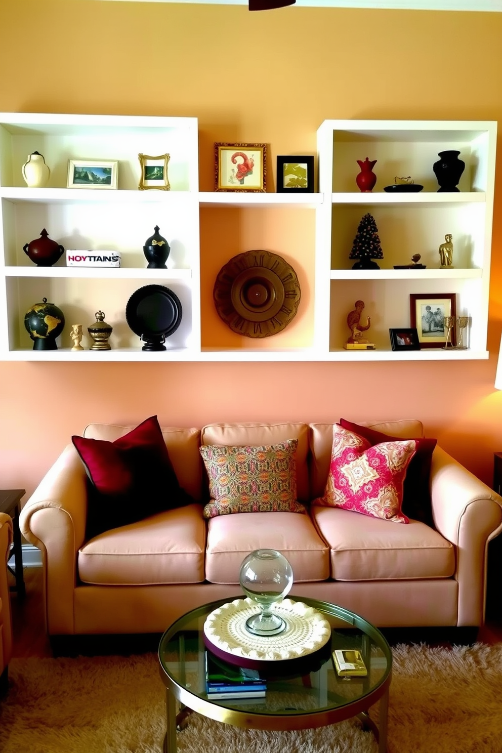 A cozy living room with wall-mounted shelves elegantly displaying a curated selection of decor items. The shelves are painted in a soft white, contrasting beautifully with the warm, earthy tones of the room's walls and furniture. The seating area features a plush, neutral-colored sofa adorned with colorful throw pillows. A small coffee table sits in front, topped with a stylish centerpiece and surrounded by a few decorative accents.