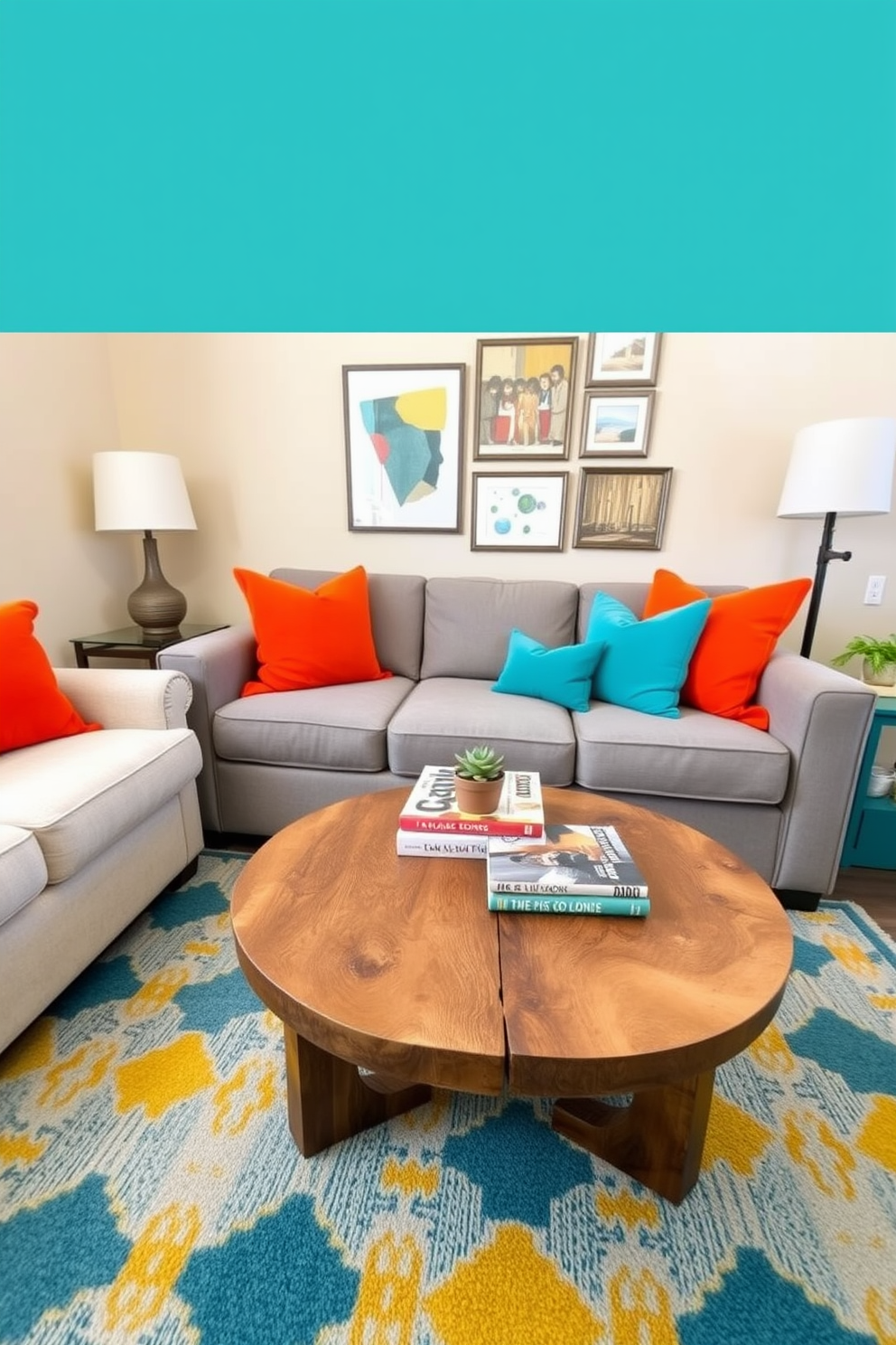 A cozy small living room filled with neutral tones complemented by vibrant pops of color. Soft beige walls serve as the backdrop for a plush gray sofa adorned with bright orange and teal throw pillows. A round coffee table made of reclaimed wood sits in the center, topped with a colorful stack of art books and a small succulent. A patterned area rug in shades of blue and yellow anchors the space, while a gallery wall of framed abstract art adds personality and charm.