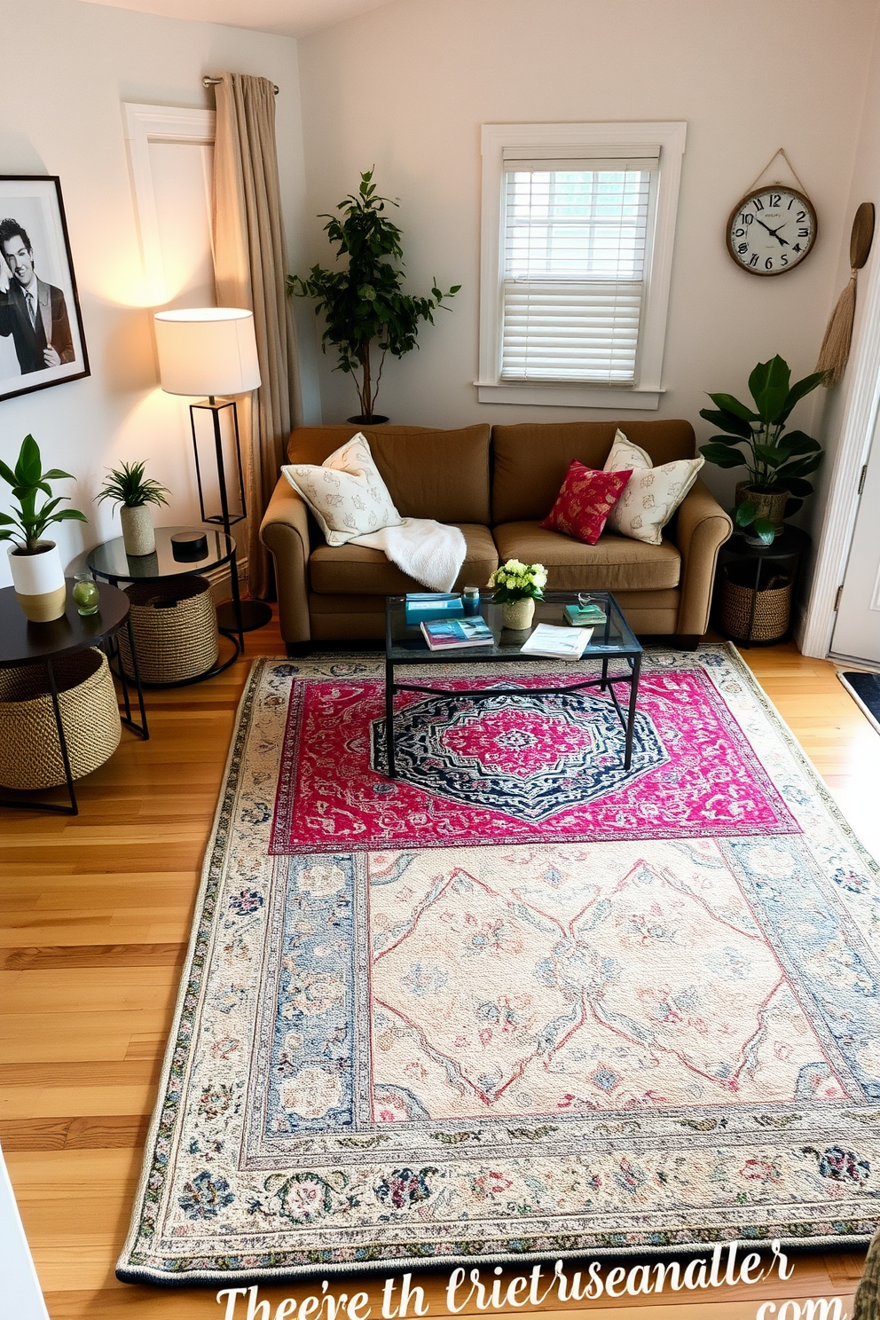 A cozy small living room filled with warm-toned cushions in shades of rust and mustard. A plush sofa is adorned with a mix of patterned and solid cushions, creating an inviting atmosphere for relaxation. A wooden coffee table sits at the center, surrounded by a soft area rug that adds texture to the space. The walls are painted in a soft beige, and a few framed autumn-themed artworks enhance the seasonal decor.