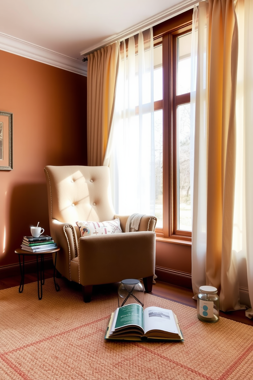 Cozy nook with a reading chair. A plush armchair is positioned next to a large window, draped with soft sheer curtains that let in natural light. A small side table holds a stack of books and a steaming cup of tea. The walls are painted in warm earth tones, complemented by a textured rug that adds warmth to the space.