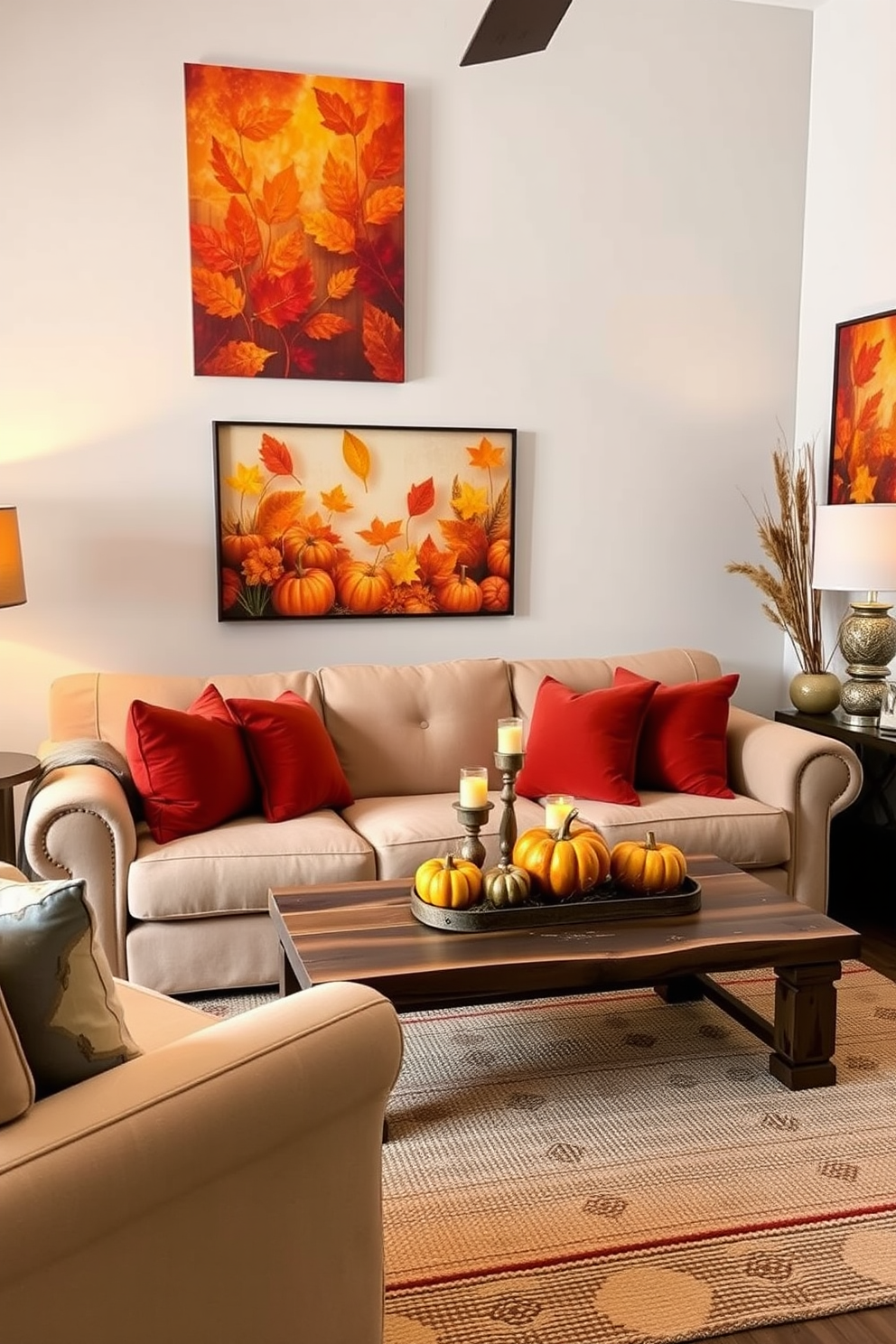 Create an inviting small living room that captures the essence of autumn. The walls are adorned with vibrant autumn-themed wall art featuring warm hues of orange, red, and gold. Incorporate cozy furnishings such as a plush, oversized sofa in a neutral tone, accented with throw pillows in rich fall colors. A rustic wooden coffee table sits in the center, surrounded by decorative pumpkins and candles to enhance the seasonal ambiance.