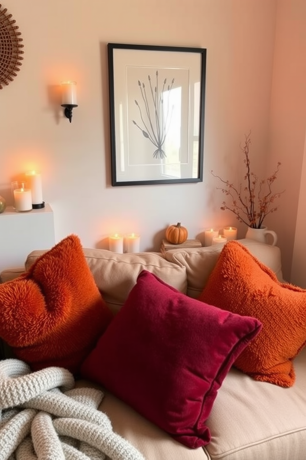 A cozy small living room adorned with candles in rich autumn scents. Plush cushions in warm hues are scattered across a soft, textured throw on a comfortable sofa. A wooden coffee table holds an arrangement of varying candle sizes, each releasing a delightful fragrance of cinnamon and pumpkin spice. The walls are painted in a warm taupe, complemented by seasonal decorations like miniature pumpkins and garlands of dried leaves.