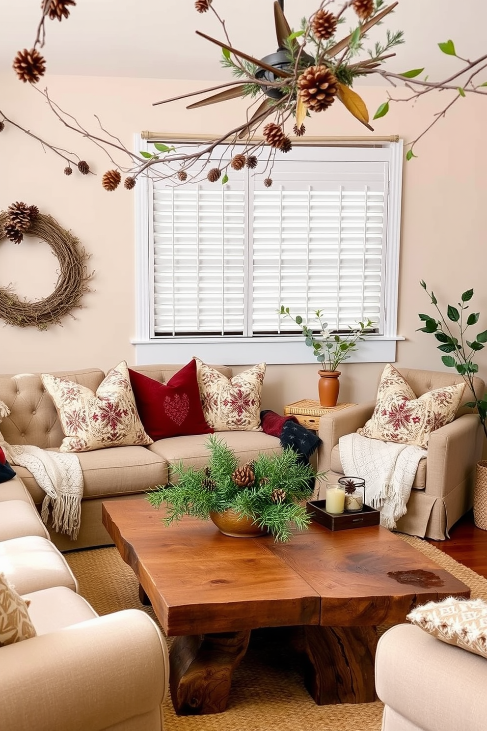 A cozy small living room adorned with natural elements like pinecones and leaves. The space features a warm color palette with soft, textured fabrics and a rustic coffee table made from reclaimed wood.