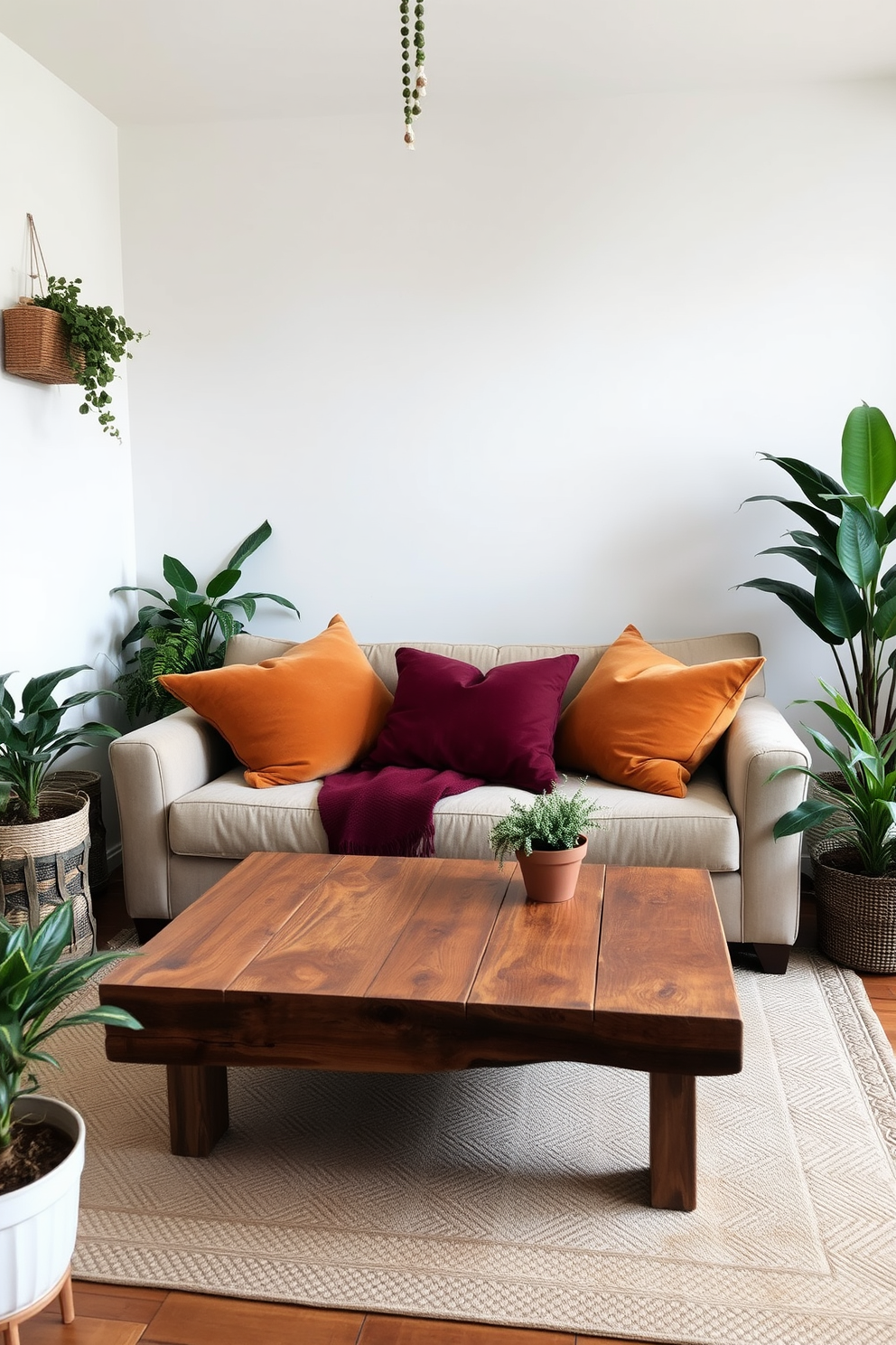 Cozy seating area designed for a small living room. The space features a plush sofa adorned with oversized pillows in warm fall colors like burnt orange and deep burgundy. A rustic coffee table made of reclaimed wood sits in front of the sofa. Surrounding the seating are potted plants that bring a touch of nature indoors, enhancing the cozy atmosphere.