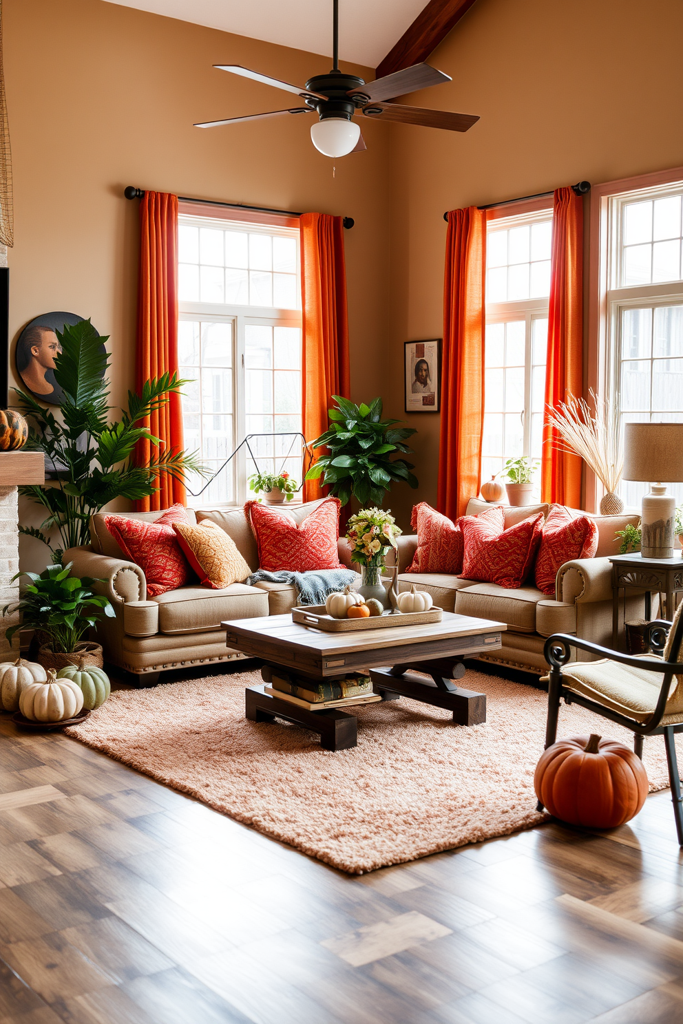 A cozy small living room decorated for fall features dried leaves arranged in elegant glass vases placed on a rustic wooden coffee table. Soft throw pillows in warm autumn colors complement the inviting atmosphere, while a plush area rug adds texture to the space.