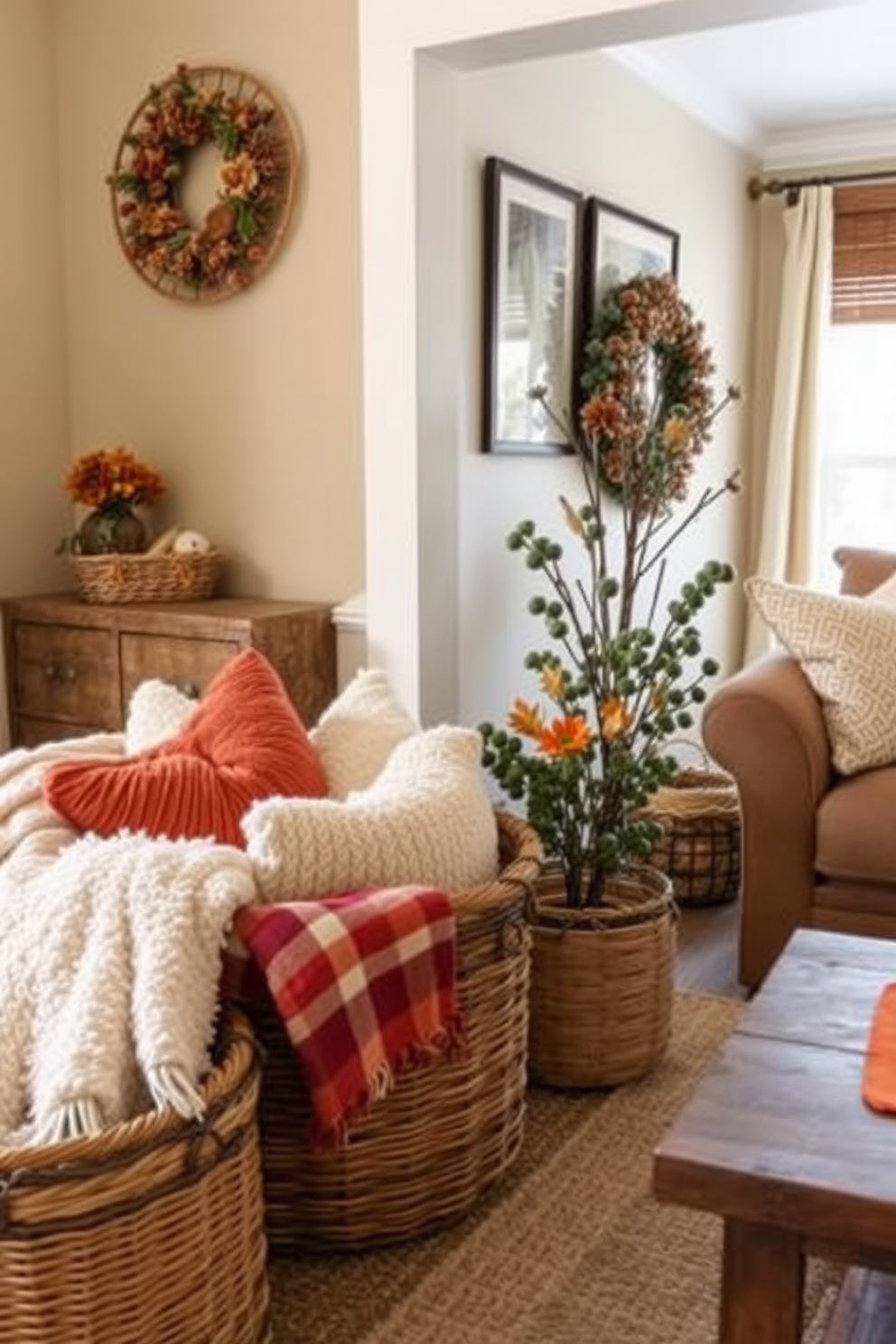 A cozy small living room decorated for fall features decorative baskets that blend functionality with style. The warm tones of the room are complemented by plush throw blankets and seasonal pillows nestled in the baskets, creating an inviting atmosphere.