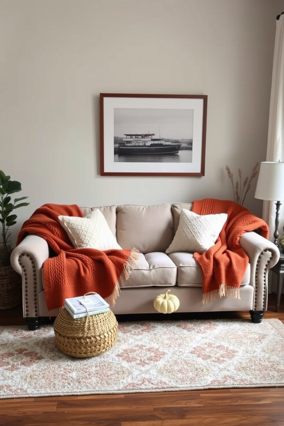 A cozy living room featuring a plush sofa adorned with warm throw blankets in rich autumn hues. The space is accentuated with decorative pillows and a small coffee table topped with seasonal decor, creating an inviting atmosphere for fall. The room is designed to maximize space with clever storage solutions and multi-functional furniture. Soft lighting and natural elements enhance the small space, making it feel welcoming and stylish.