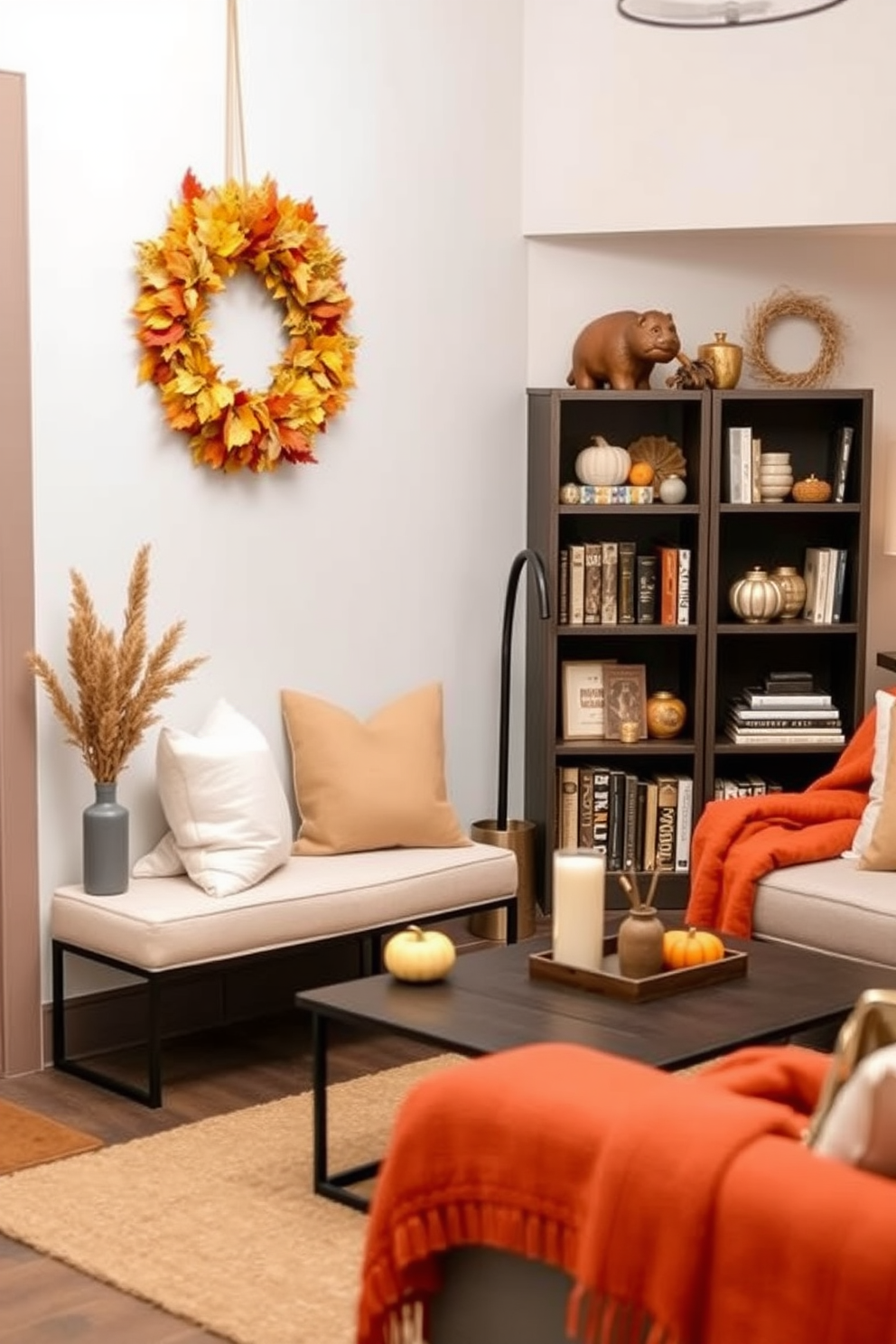 A cozy small space decorated for fall with string lights creating a warm glow. The room features rich autumn colors with plush cushions and a small wooden table adorned with seasonal decorations.