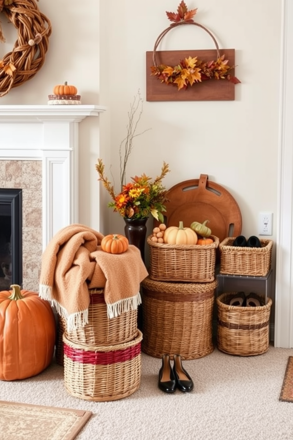 A cozy living room featuring decorative baskets in various sizes for stylish storage solutions. Soft autumn colors adorn the space, with warm blankets draped over the baskets and seasonal decorations enhancing the small area. A charming entryway that utilizes decorative baskets for organizing shoes and accessories. The space is adorned with fall-themed decor, including pumpkins and leaves, creating a welcoming atmosphere.