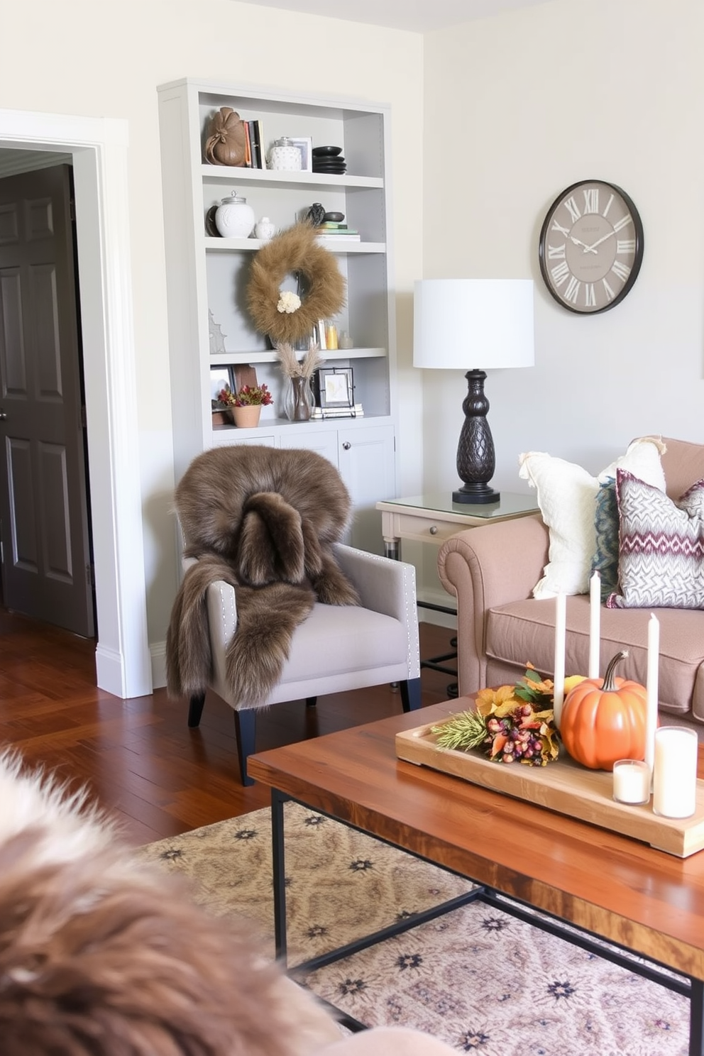 A cozy living room designed for fall featuring a neutral color palette complemented by pops of orange. The space includes a plush beige sofa adorned with orange throw pillows and a rustic wooden coffee table at the center. Warm golden lighting creates an inviting atmosphere, highlighting the autumn-themed decor. A small bookshelf displays seasonal decorations, while a soft orange throw blanket drapes over the arm of the sofa.