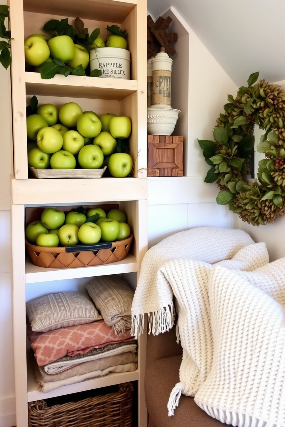 Crisp apple decor is arranged artfully on open shelves, bringing a touch of freshness and vibrancy to the space. The combination of green apples and rustic wooden elements creates a warm, inviting atmosphere perfect for fall. Incorporate cozy textiles like soft throws and knitted cushions to enhance the small space's comfort. Layering textures and colors will add depth and make the area feel more spacious and welcoming.