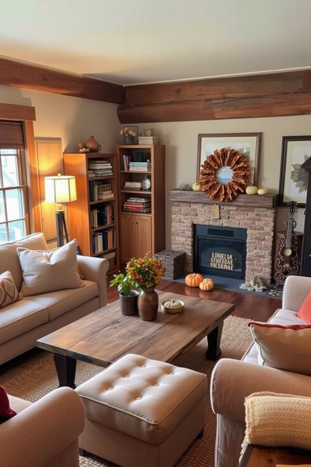 A cozy living room adorned with wooden accents that exude rustic charm. The room features a reclaimed wood coffee table surrounded by plush, neutral-toned seating and a warm area rug. In one corner, a wooden bookshelf displays an array of books and decorative items. Soft, ambient lighting from a vintage-style floor lamp enhances the inviting atmosphere. For fall, the space is accented with seasonal decor such as pumpkins and autumn leaves. A rich color palette of deep oranges and browns complements the natural wood elements. Incorporating small space decorating ideas, the layout maximizes functionality while maintaining a warm aesthetic. Multi-purpose furniture pieces, like an ottoman with hidden storage, keep the space organized and stylish.