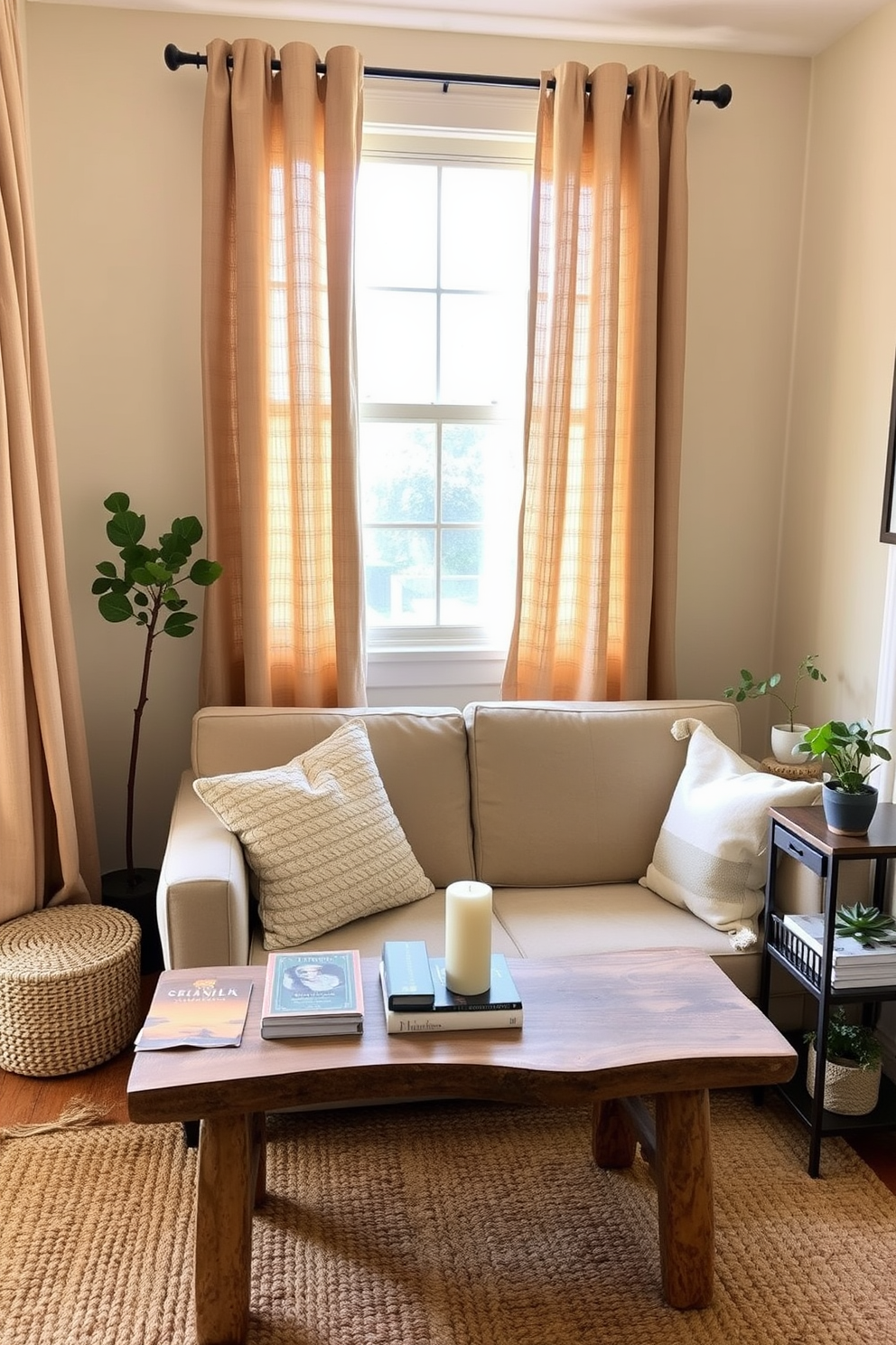 A cozy living room adorned with neutral-toned curtains that gently filter sunlight, creating a warm and inviting atmosphere. The space features a small, plush sofa with textured throw pillows and a rustic coffee table topped with a few carefully curated books and a scented candle. To the side, a compact bookshelf showcases an array of plants and decorative items, adding a touch of greenery to the decor. The walls are painted in soft beige, and a woven rug anchors the seating area, completing the charming fall-inspired small space.